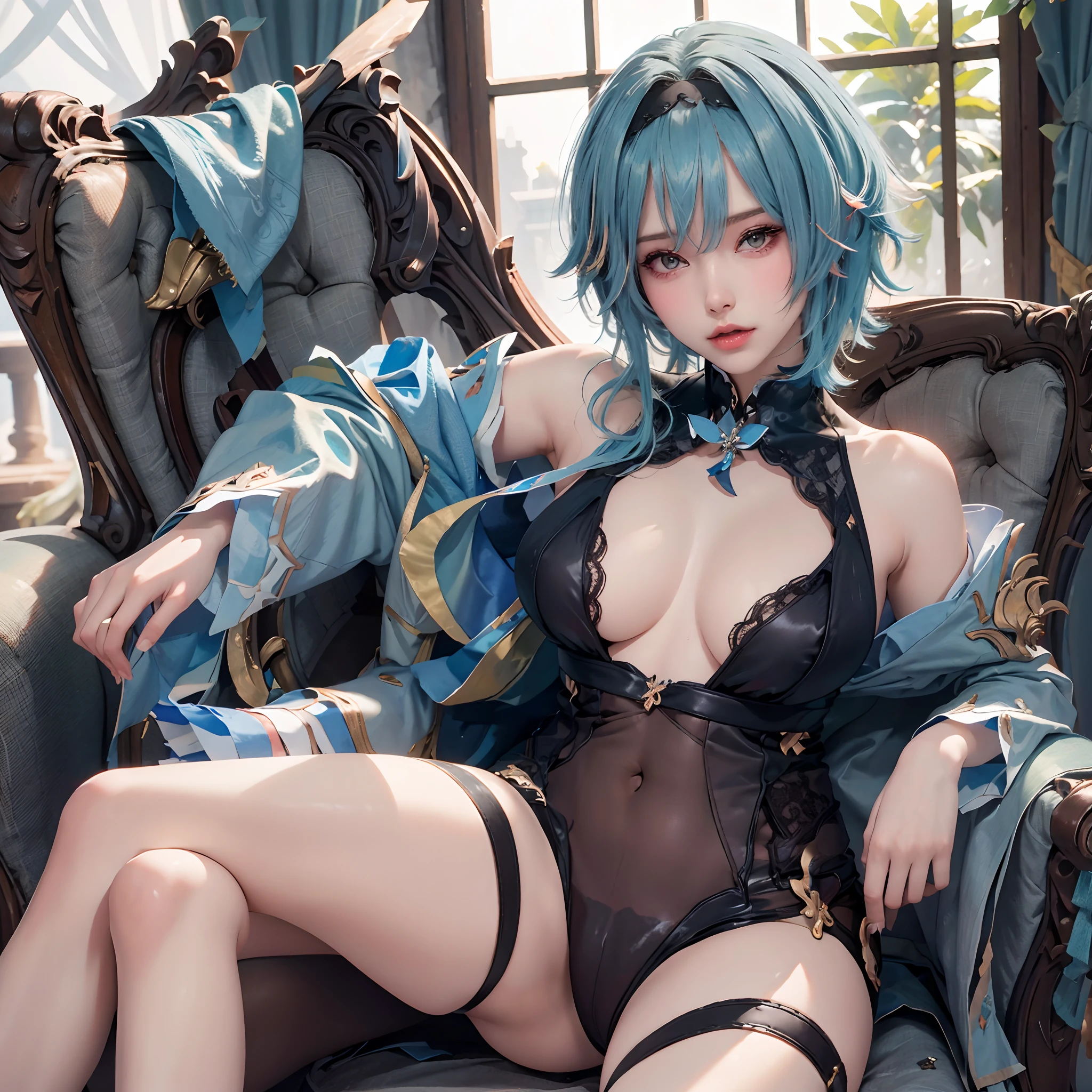 Sitting on a couch, sensual pose, spread legs