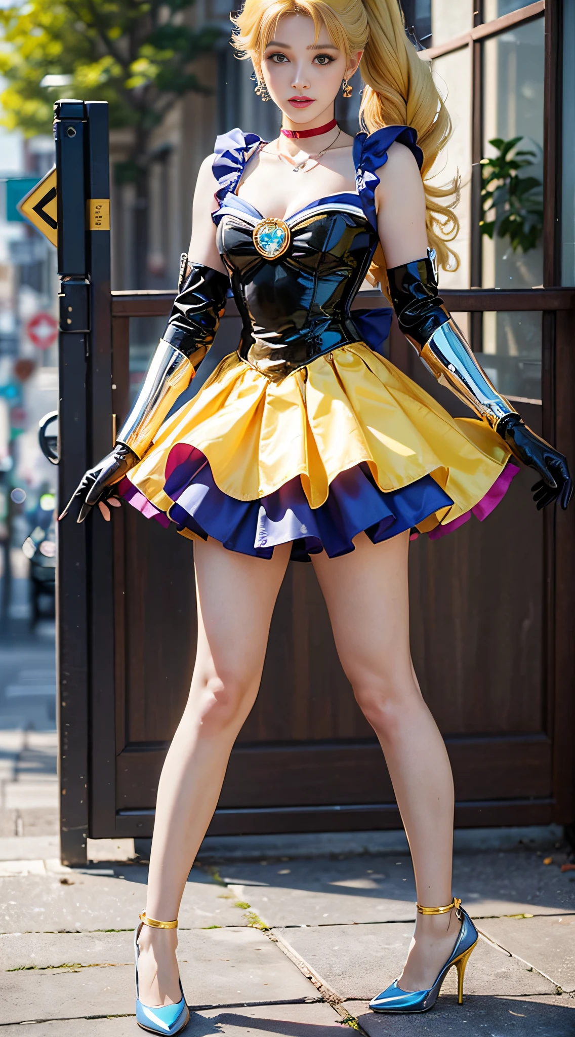 ((masterpiece:1.4)、(top-quality:1.4)、(reallistic:1.7))、masuter piece:1.4、a beauty girl、(sailormoon:1.4)、Sexy female combat suit sticking to body、(latex shiny)、(The jacket is a white sleeveless sailor suit)、(Skirt is blue sexy ultra ultra mini skirt)、The collar of the sailor suit is blue with two thin lines.、Red cloth ornament at chest、(Wearing white gloves)、Kawaii Girl、Super beauty、foco nítido、Portrait photos、((Full body shooting:1.4))、beautiful countenance、beautidful eyes、Narrow waist、(Yellow hair:1.4)、poneyTail、Raw photo、red-lips、(Red high heels:1.4、a choker:1.4、a necklace:1.4、耳Nipple Ring:1.4)、1 screen display、Outdoor landscape