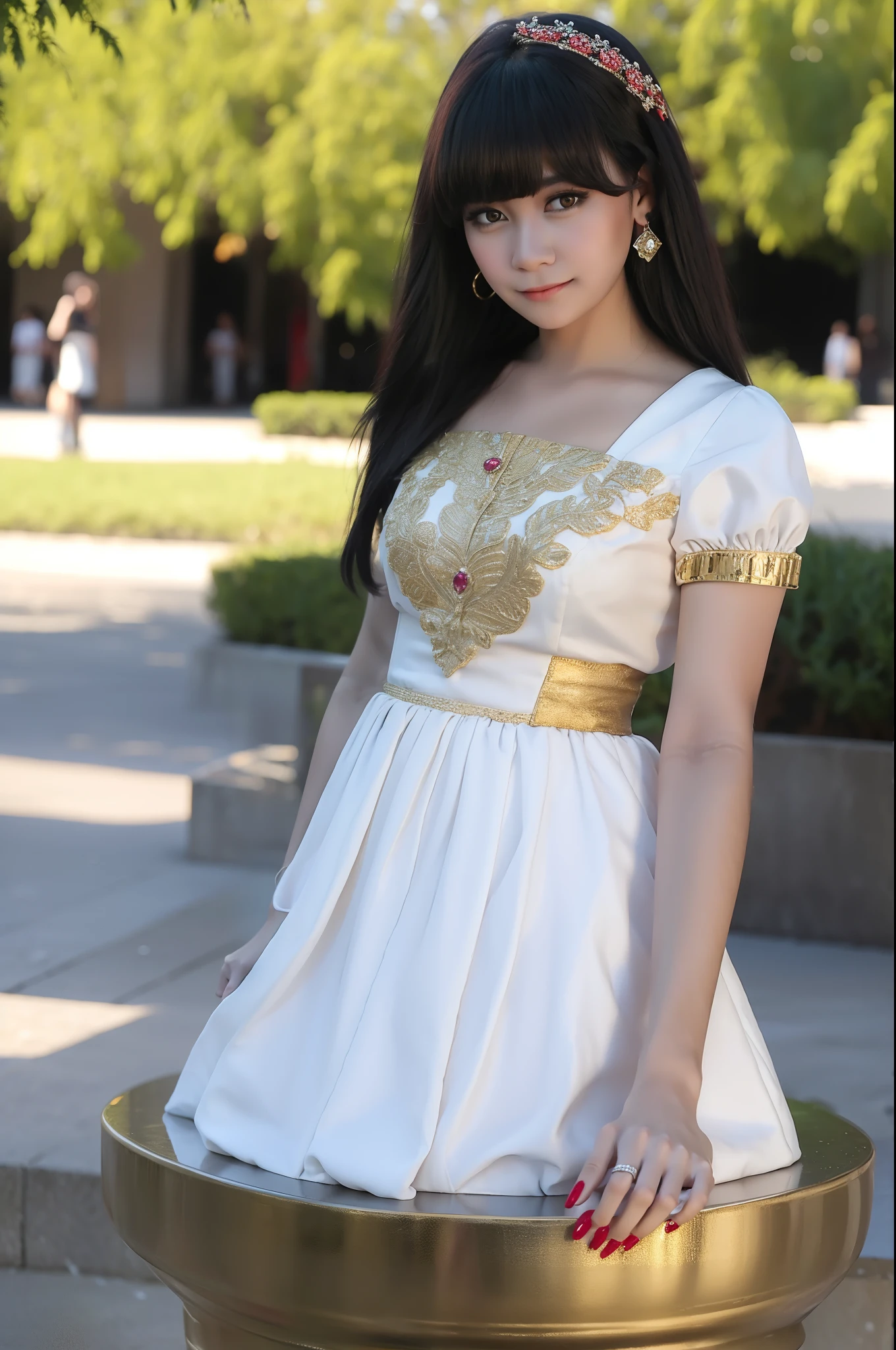 Female, 25 years old, Wearing a royal mini dress, style feminine, Standing font the mall, outdoor, wearing earrings, long black hair, upper body, close up, white skin, looking at camera, shy expression, little smile, Sunset, red polish nails, beautiful face, high quality, photorealistic, masterpiece