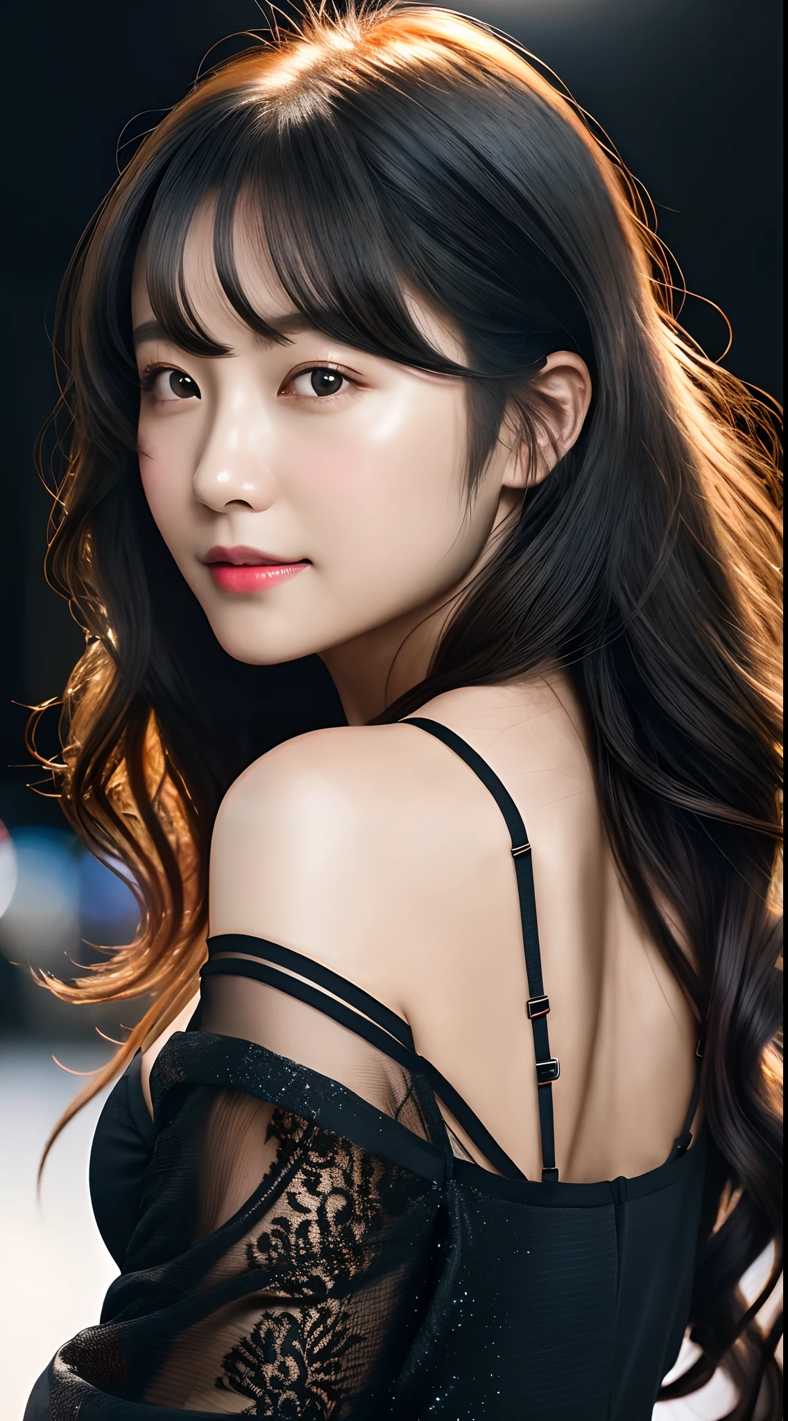 China-style,Asian girl,frontage,closeup cleavage,iintricate,high detal,Clear focus,dramatics,Realistic painting art,The eyes are sharply focused,((best qualtiy)),((tmasterpiece)),A high resolution,Original,Very detailed wallpaper,Very delicate and beautiful,illustration,灯光,volumettic light,Halo effects,light particules,((1girll)),beatiful detailed eyes,longer sleeves,Hoodie,frilld,noshadow,simplebackground,(((Black background))),European,brightskin, (((1980s(Style)))), moheater, siluette, escala cinza, Mono Color,((Large wavy curls)), Pupil of the slit,(((back to look back))), Movie A (((closeup cleavage) )),(((Portrait))),lens flare glow,Seductive smile,tarot cards,mid hair,dynamic viewing angle