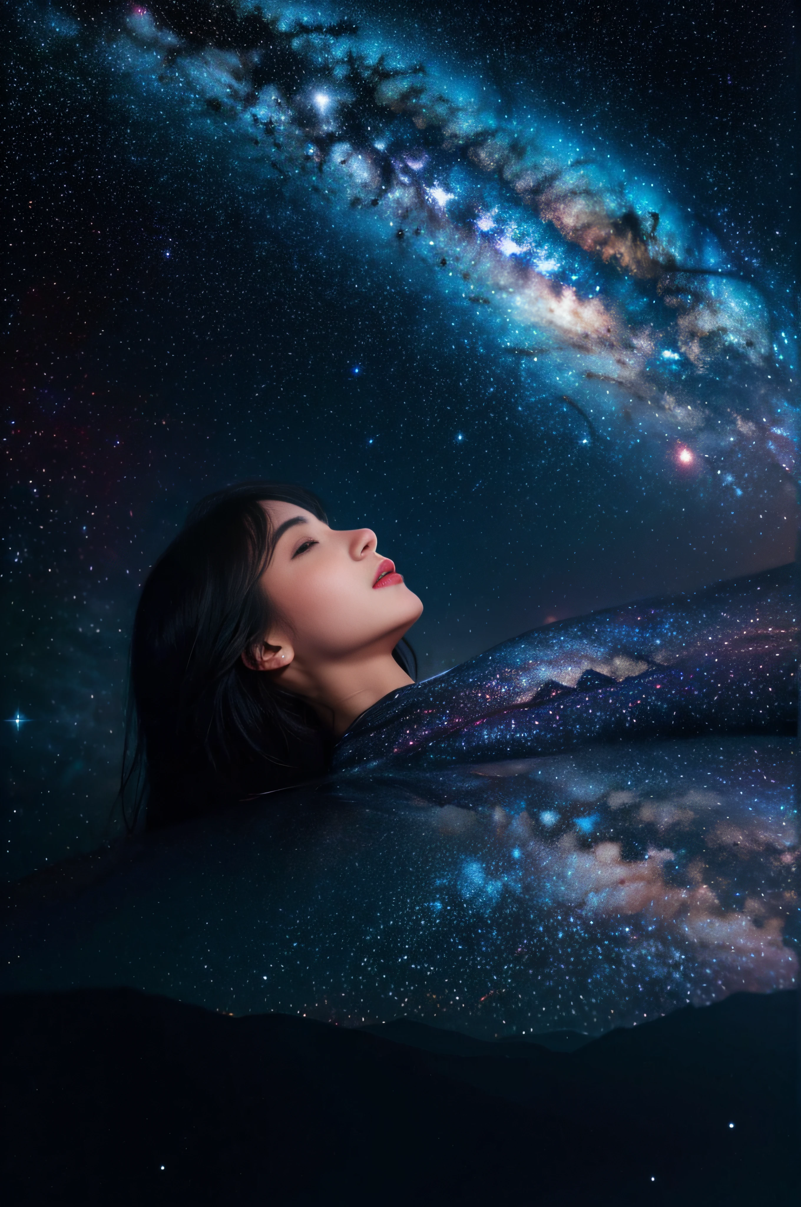 high detailing, Super Detail, 超A high resolution, Girl enjoying her time in the galaxy of dreams, surrounded by stars, Warm light sprinkled on her, Starry sky with colorful galaxy and galactic clouds in the background, Stars flying around her, Delicate face, Add a playful atmosphere , --V6
