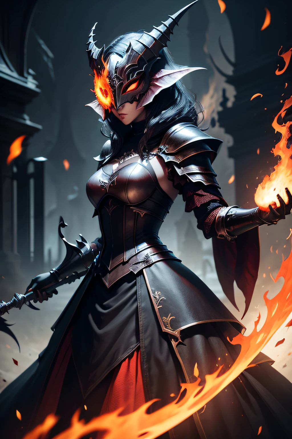 ark art darkweb 1femme chevalier malefique, Use of an anonymous flaming mask, Using a burning sword, Armor in flame Darkness,obscur,4K