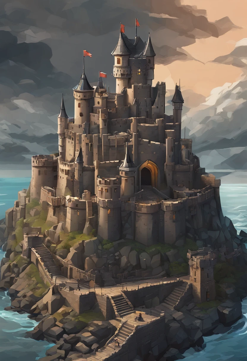 medieval times,((Bronze and steel and black ore make a fortress)),Military fortress,There are soldiers on it,((dark stormy clouds)),overcast day,((Skeleton statue))