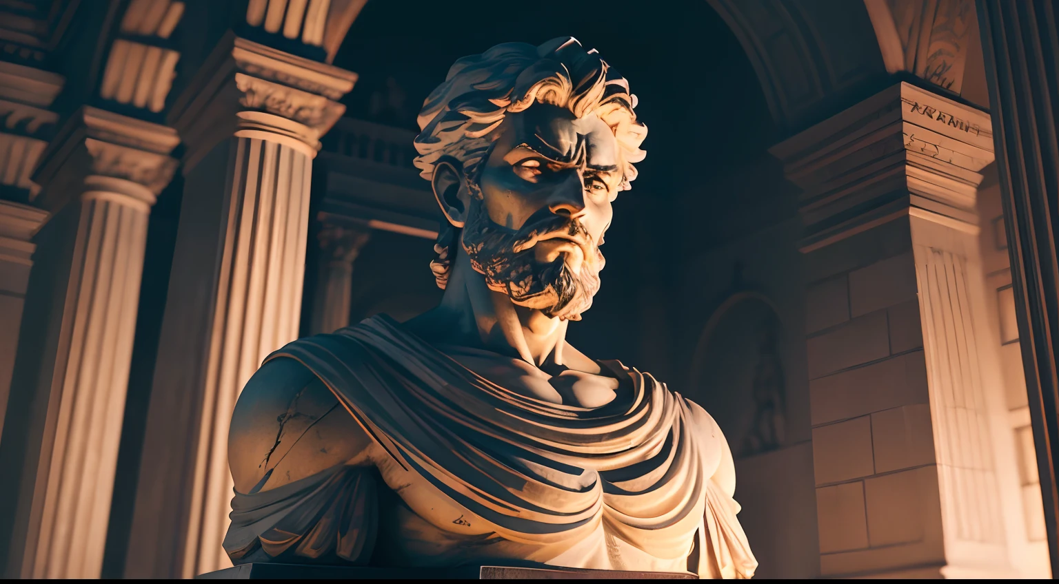 Strong Stoic statue, with an expression of anger, using tunica, noite escura, fundo grego antigo do templo, 35 mm, lateralmente, Filmado em Sony A7S III com Sony FE 35mm f/1.8, 12.1 MP, --AR 3:2 --estilo cru