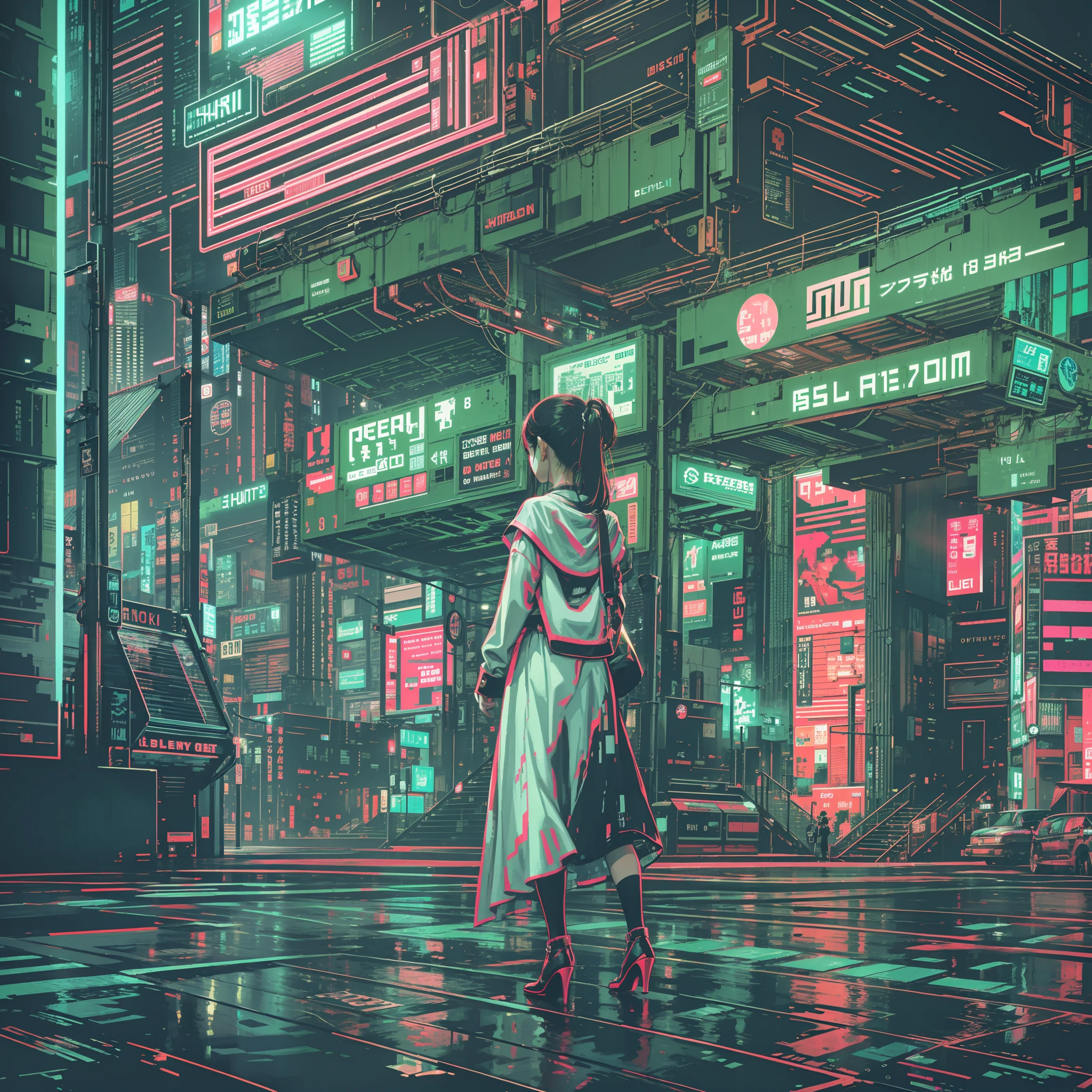 [Girl in white dress:5] exteriors，Cyberpunk streets, ascii art  (Pixel 8 bit style:1.1)，