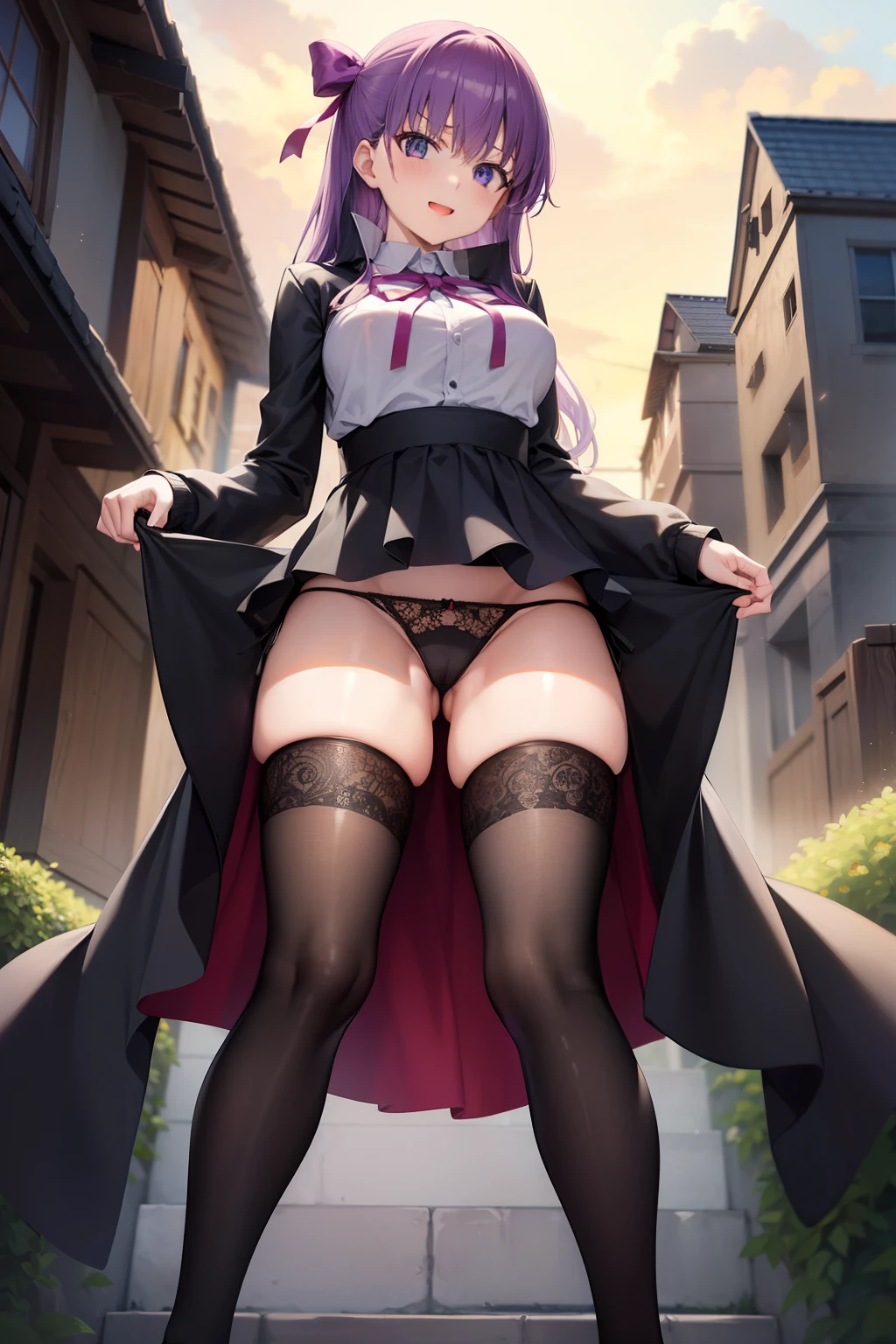 Hugob, nffsw, Purple hair, Long hair, Bangs, (Purple eyes:1.1), (medium breasts⁩:1.2),Blake Black Jacket, (black thighhighs:1.3),Black skirt, Collared shirt, Hair Ribbon, high waist skirt, Jacket, Long sleeves, Neck ribbon, Open your clothes, Open jacket, Pleated skirt, Red Ribbon, bow ribbon, Shirt, Skirt, sleeves past wrists, White shirt, Wide sleeves,BREAK looking at viewer,BREAK outdoors, BREAK (masutepiece:1.2), Best Quality, High resolution, Unity 8k壁纸, (Illustration:0.8), (Beautiful detailed eyes:1.6), extra detailed face, Perfect Lighting, extremely details CG, (Perfect hands, Perfect Anatomy),Evil smile with open mouth、(black panties:1.3)、(Fully exposed panties:1.5)、Sit with your knees bent、Eight-headed body、beauty legs 、As if looking up from below、(knees to chest)、plein air、outside of house、