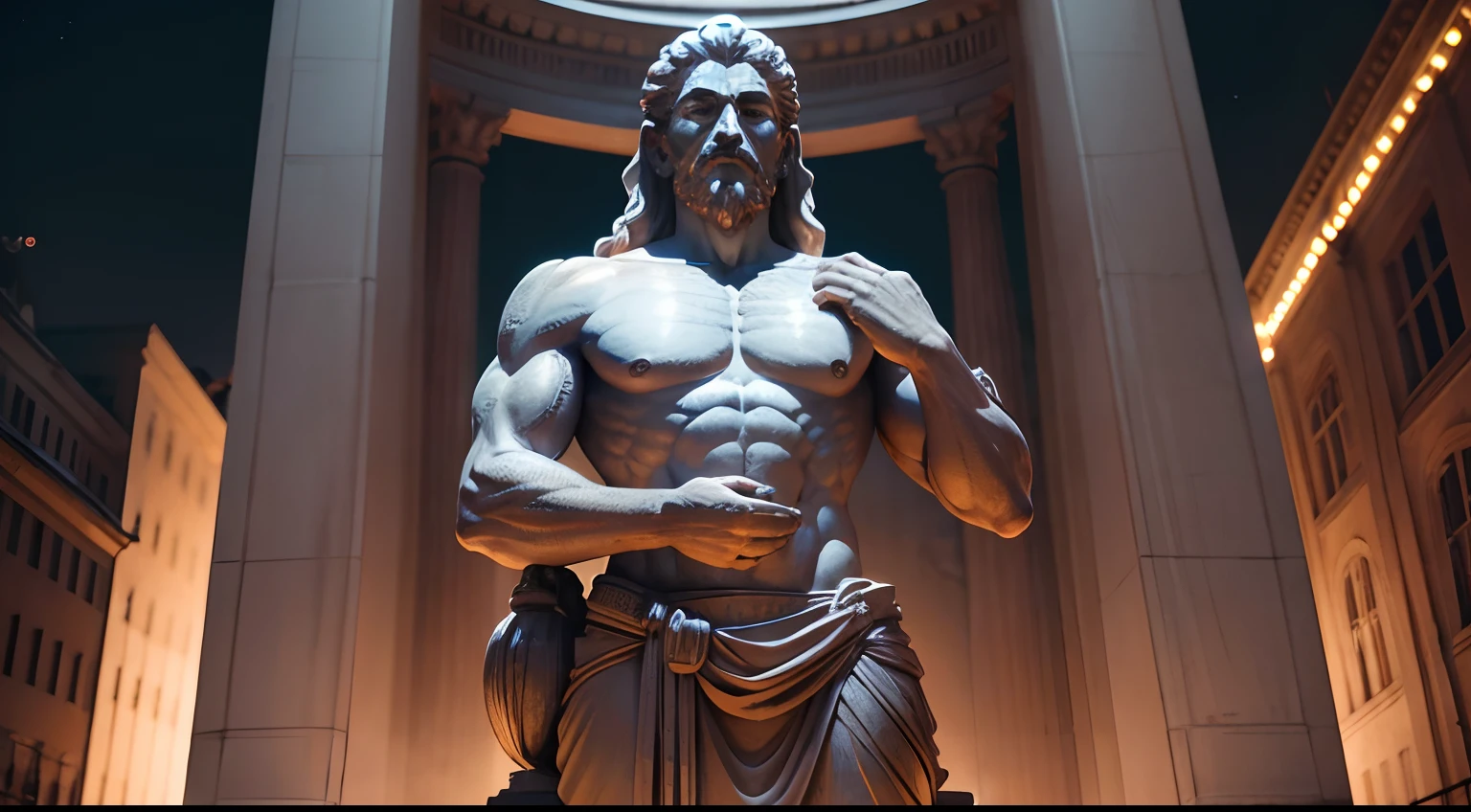 Strong Stoic statue, with an expression of anger, using tunica, noite escura, fundo grego antigo do templo, 35 mm, lateralmente, Filmado em Sony A7S III com Sony FE 35mm f/1.8, 12.1 MP, --AR 3:2 --estilo cru