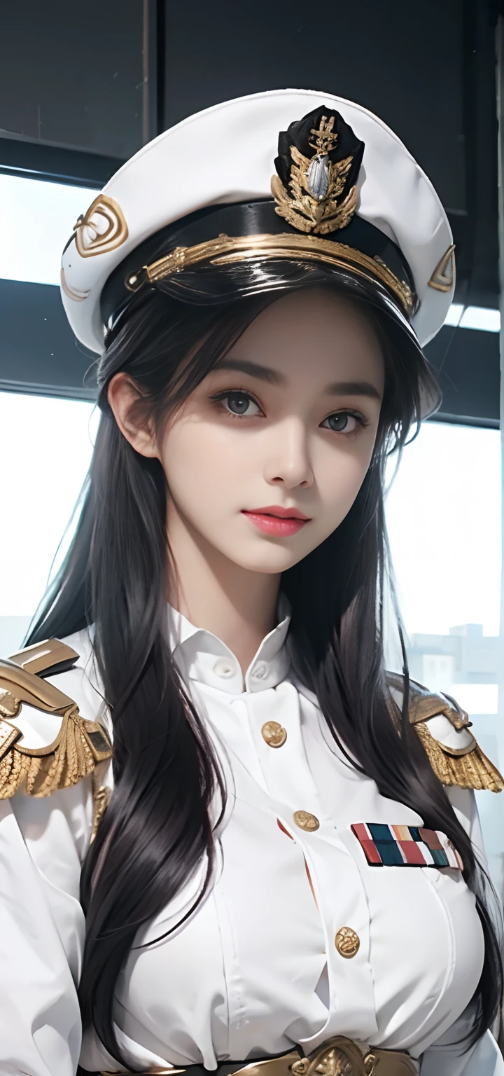 girl with， quality， top-quality， big breasts beautiful， prette， The sheen，On a warship， tmasterpiece，White Navy Uniform， Long Black Hair，With military cap，Eyes are sharp and affectionate，A sweet smile，battle posture，（（（full armor：1.8））），white colors，（（（facial detailing：1.2）））Bigchest，big breasts thin waist，long legged，bared  chest，bare lower body，Camel toes