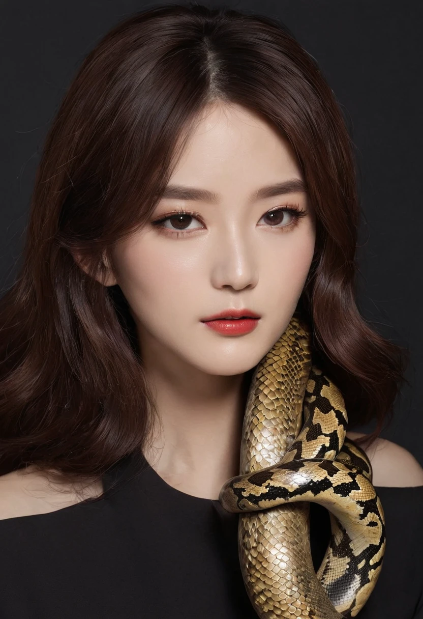 ((Korean actress and python)),Brown hair,cute face,lipstick,High-definition python,boa,boa,((The python is a golden python)),((Pitch black background))