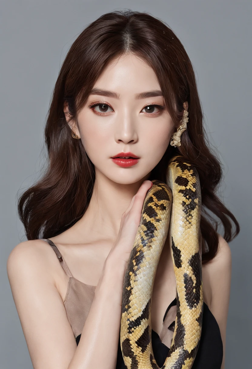 ((Korean beautiful girl and((A large python)))),Brown hair,adorable eyes,pink lipsticks,Neat bangs,(((Dark red background)))