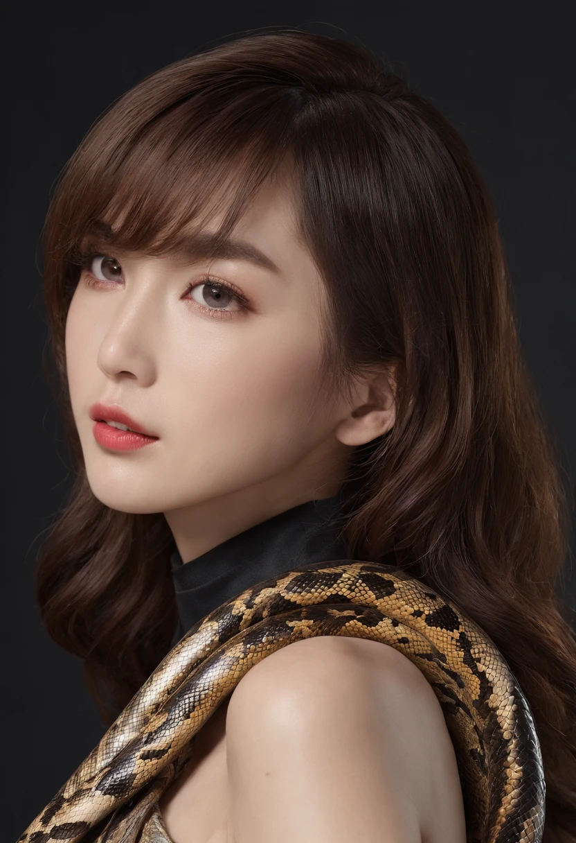 ((Korean actress and python))，Brown hair，cute  face，lipstick，High-definition python，boa，boa，((The python is a golden python))，((Pitch black background))