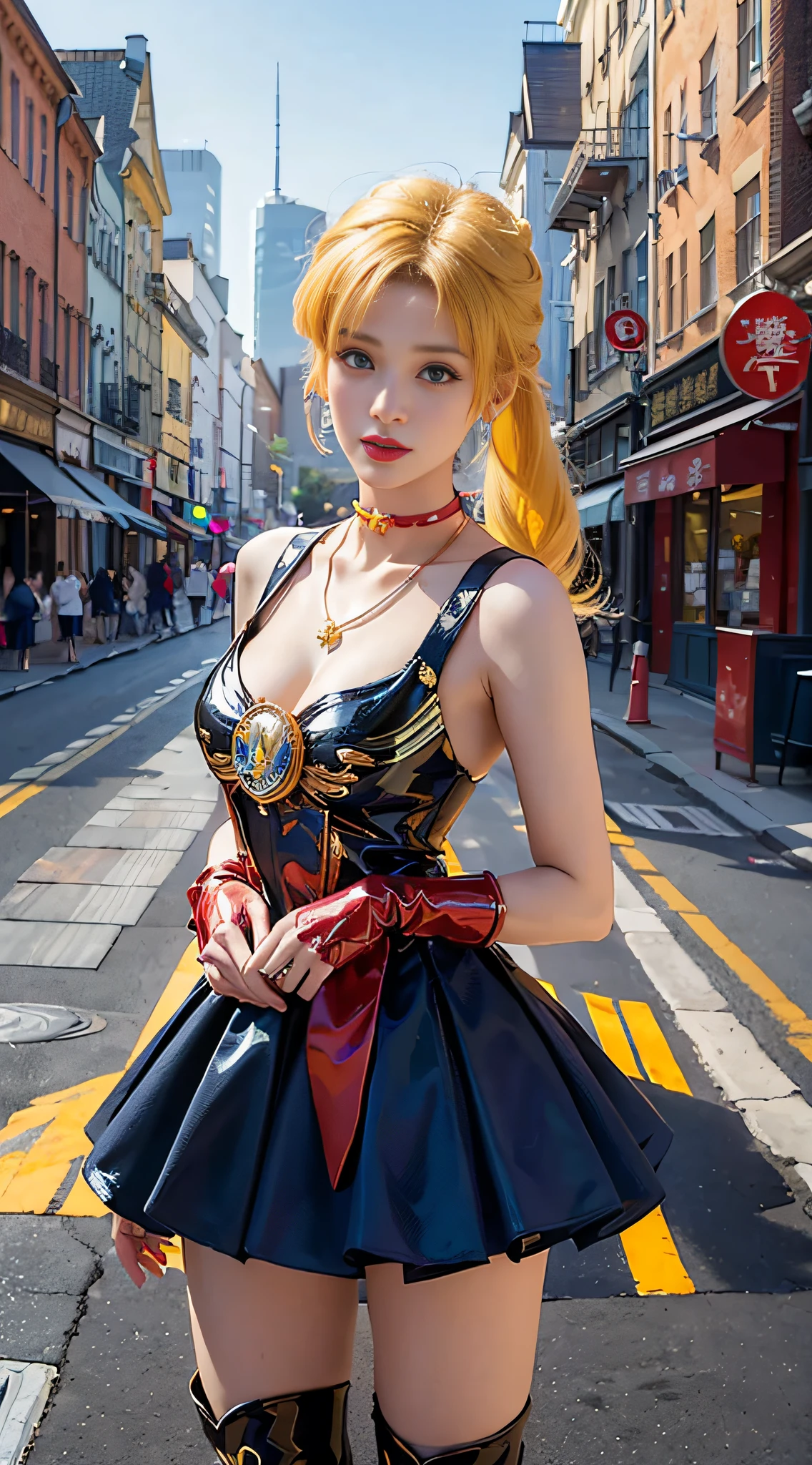 ((masterpiece:1.4)、(top-quality:1.4)、(reallistic:1.7))、masuter piece:1.4、a beauty girl、(sailormoon:1.4)、Sexy female combat suit sticking to body、(latex shiny)、(The jacket is a white sleeveless sailor suit)、(Skirt is blue sexy ultra ultra mini skirt)、The collar of the sailor suit is blue with two thin lines.、Red cloth ornament at chest、(Wearing white gloves)、Kawaii Girl、Super beauty、foco nítido、Portrait photos、((Full body shooting:1.4))、beautiful countenance、beautidful eyes、Narrow waist、(Yellow hair:1.4)、poneyTail、Raw photo、red-lips、(Red high heels:1.4、a choker:1.4、a necklace:1.4、耳Nipple Ring:1.4)、1 screen display、Outdoor landscape