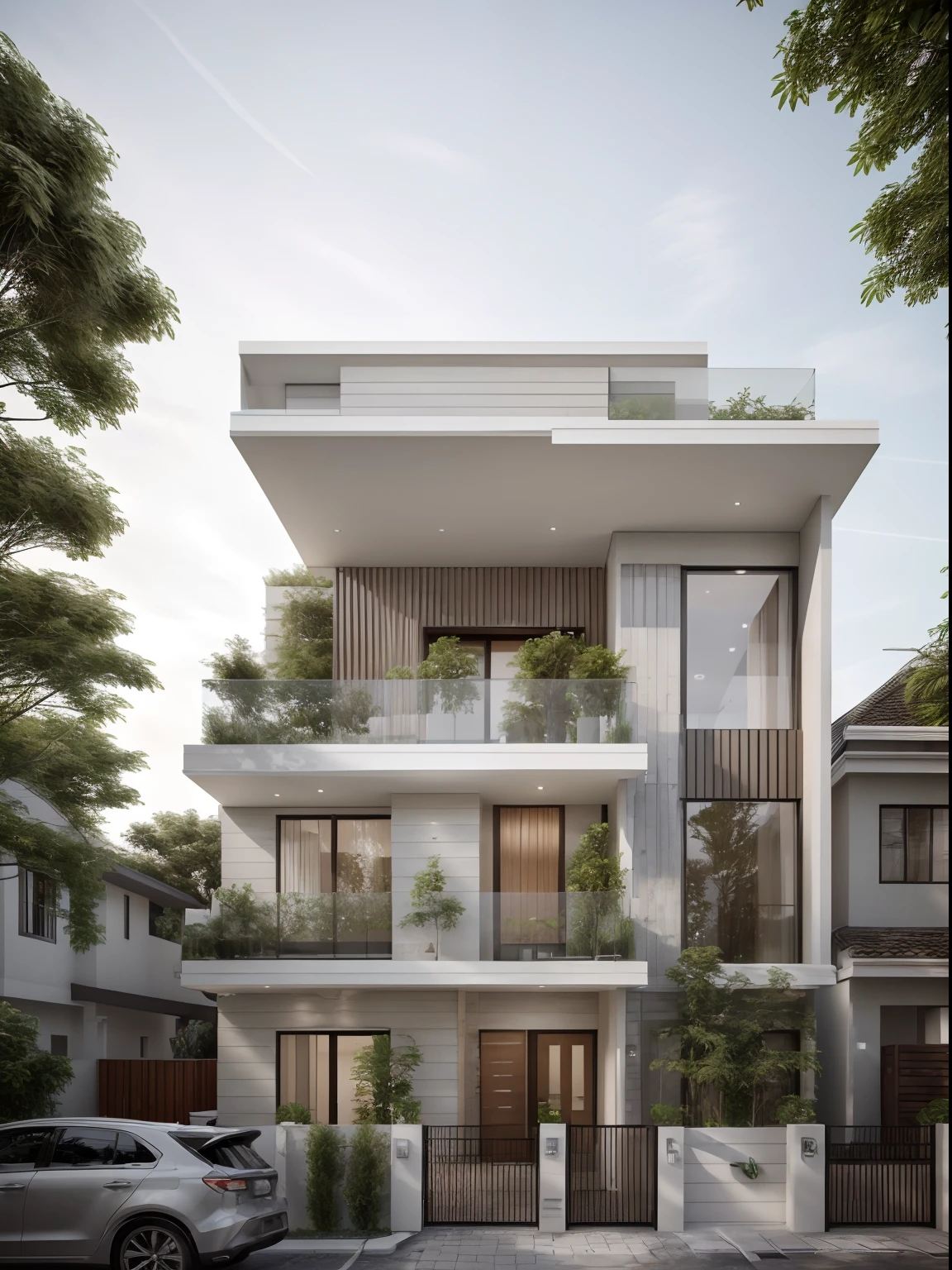 masterpiece, (photorealistic:1.2), best quality, ultra high res, exterior,architechture,modern house,white wall, glass windows,,trees,traffic road,design,trees around, blue sky,in the style of realistic hyper-detailed rendering, 32k uhd, low-angle, composite construction, piles/stacks, innovative page design, daylight,render( Vray:1.1)