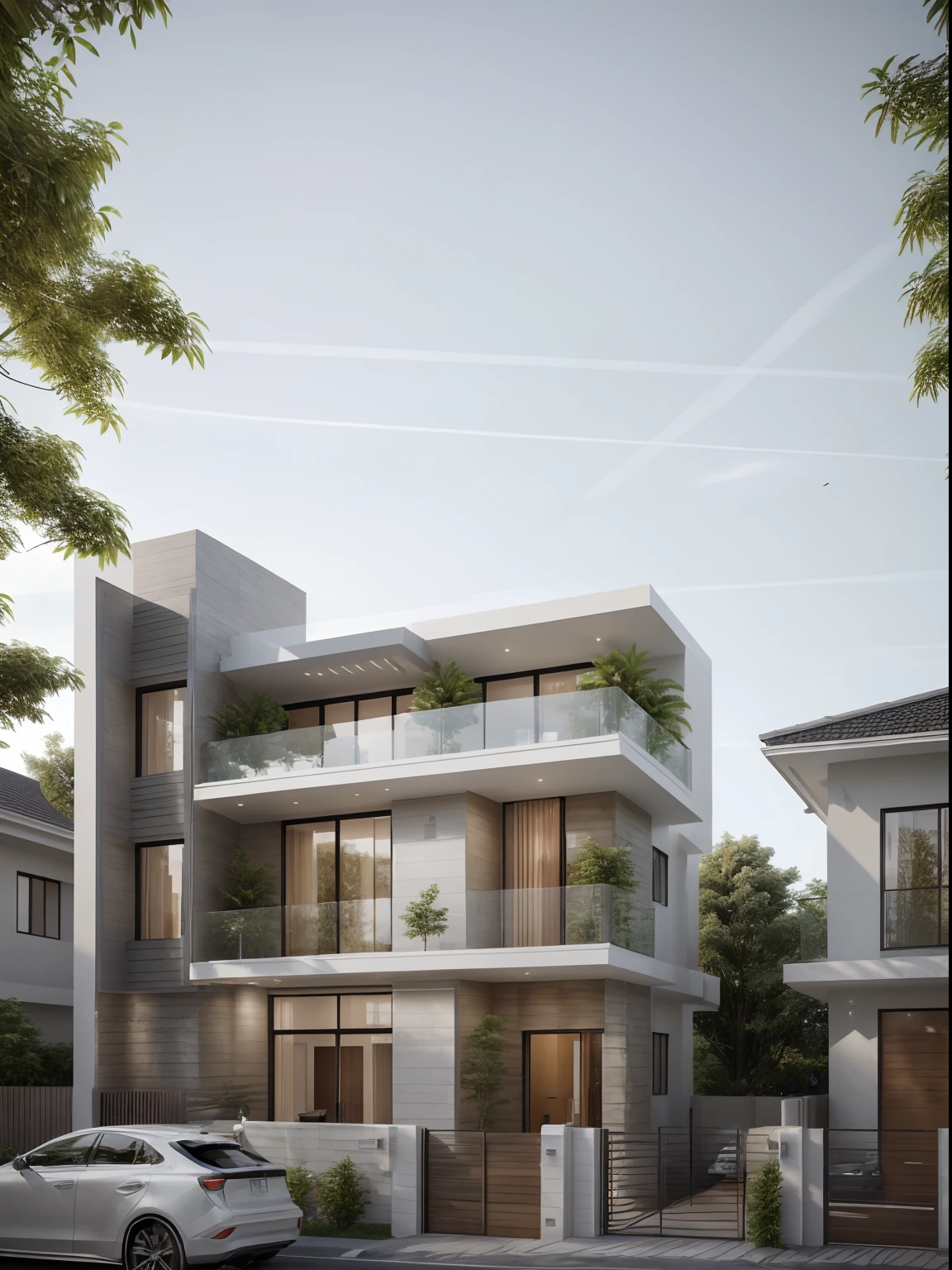 masterpiece, (photorealistic:1.2), best quality, ultra high res, exterior,architechture,modern house,white wall, glass windows,,trees,traffic road,design,trees around, blue sky,in the style of realistic hyper-detailed rendering, 32k uhd, low-angle, composite construction, piles/stacks, innovative page design, daylight,render( Vray:1.1)