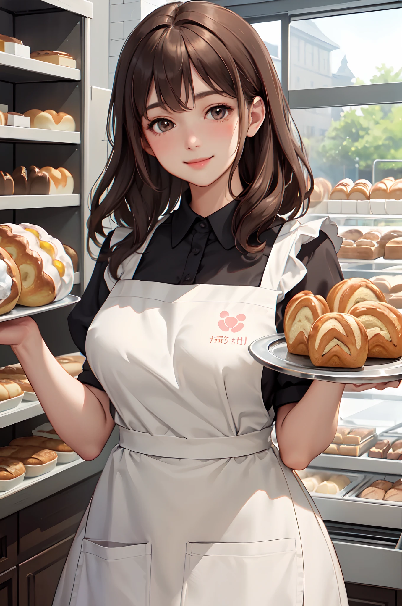 masterpiece、highest quality、Very detailed、Photograph the upper body、1 female、(Put your arms behind your back:1.2)、Are standing、Turn your body forward、View your viewers、(Burger Shopの店員,Sun visor、Orange Apron)、break,blush、shy、Pink Hair、Open your mouth、Burger Shop、Big Breasts、