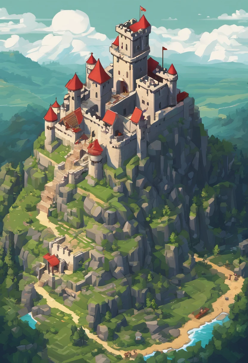 pixelart,medieval times,Military fortress,Built on top of a cliff,Pitch black background