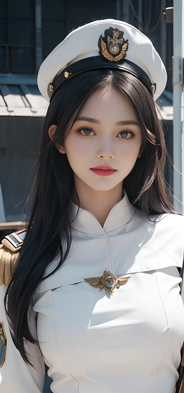 girl with, quality, top-quality, big breasts beautiful, prette, The sheen,On a warship, tmasterpiece,White Navy Uniform, Long Black Hair,With military cap,Eyes are sharp and affectionate,A sweet smile,battle posture,(((full armor:1.8))),white colors,(((facial detailing:1.2)))Bigchest,big breasts thin waist,long legged,bared chest,bare lower body,Camel toes