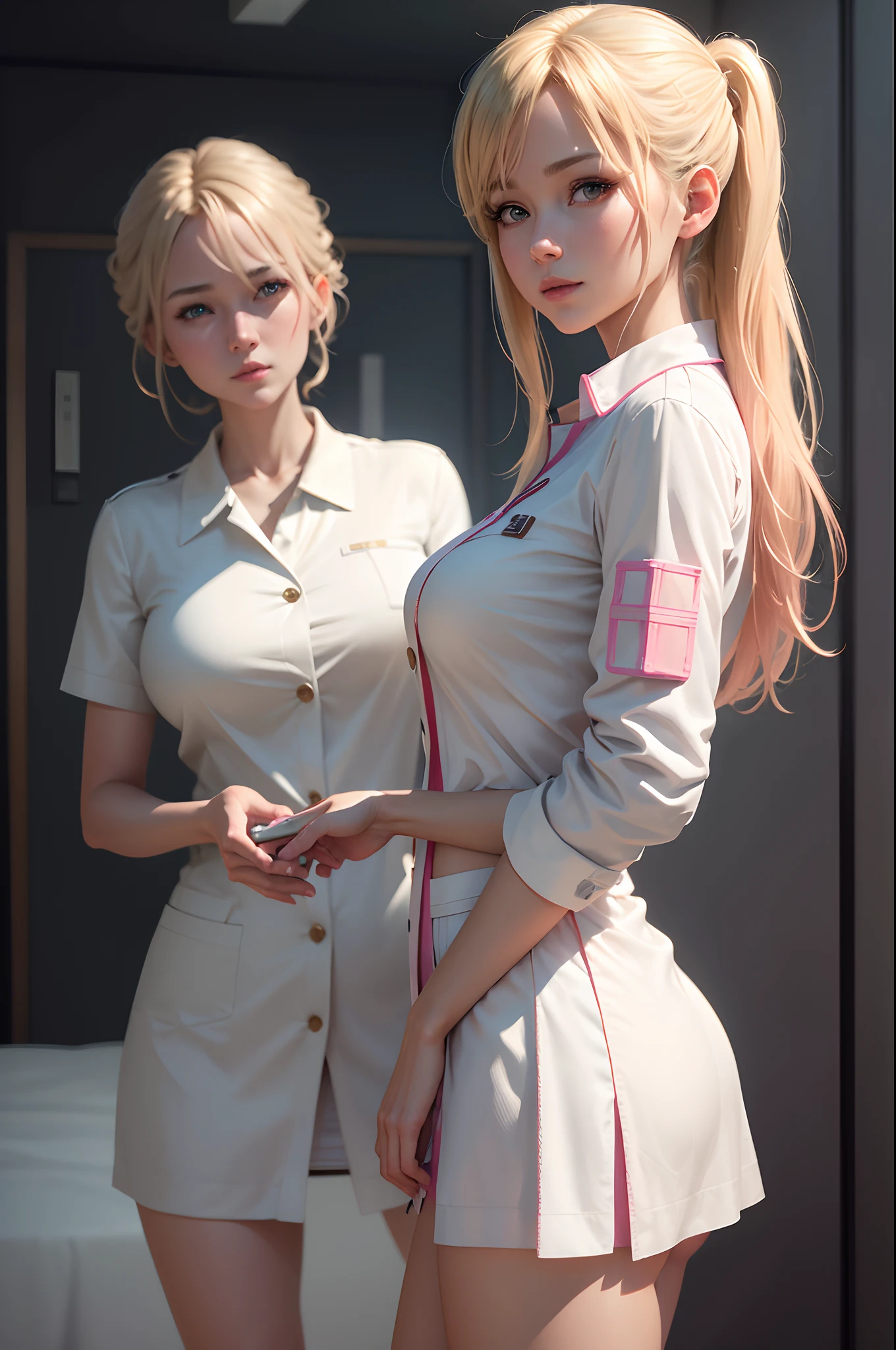 Beautiful mature blonde american woman、White nurse uniform、White nurse tight skirt ((Slimed、小柄))、Wearing a pink cardigan Have a medical record a smile Photorealsitic、a picture、masterpiece、reallistic、真实感、photorealisim、High contrast、Photorealistic Art Station Trend Digital Art 8k HD High Resolution Explanation Real, detaileds, Skin Texture, ultra-detailliert, realistic skin textures, armature, top-quality, 超A high resolution, (Photorealsitic:1.4),, hight resolution, detaileds, Raw foto, Sharp Re, Nikon D850 Film Stock Photo by Lee Jefferies 4 Kodak Portra 400 Camera F1.6 lenses rich colors hyper realistic lifelike textures dramatic lighting unreal engine artstation trends synestil 800,