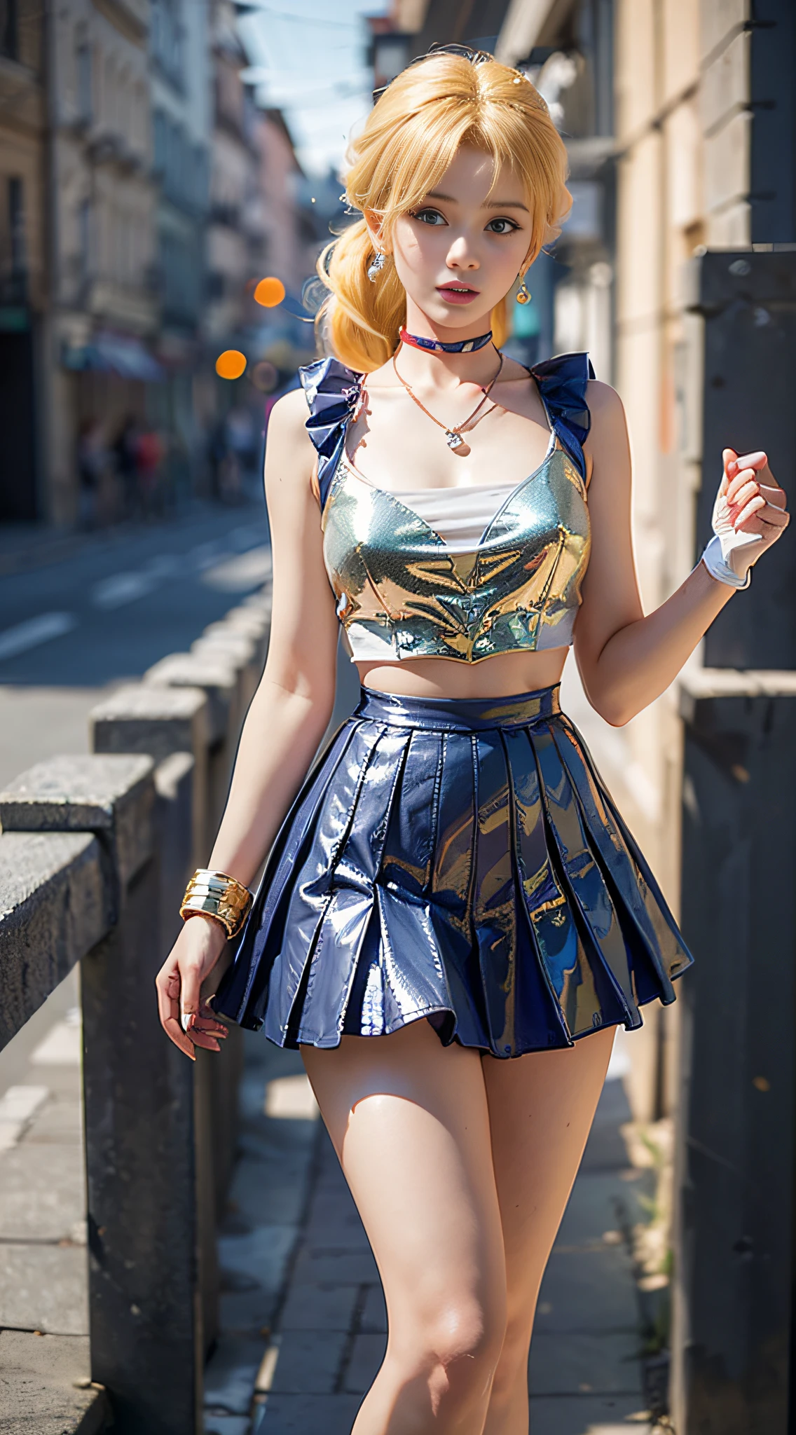 ((masterpiece:1.4)、(top-quality:1.4)、(reallistic:1.7))、masuter piece:1.4、a beauty girl、(sailormoon:1.4)、Sexy female combat suit sticking to body、(latex shiny)、(The jacket is a white sleeveless sailor suit)、(Skirt is blue sexy ultra ultra mini skirt)、The collar of the sailor suit is blue with two thin lines.、Red cloth ornament at chest、(Wearing white gloves)、Kawaii Girl、Super beauty、foco nítido、Portrait photos、((Full body shooting:1.4))、beautiful countenance、beautidful eyes、Narrow waist、(Yellow hair:1.4)、poneyTail、Raw photo、red-lips、(Red high heels:1.4、a choker:1.4、a necklace:1.4、耳Nipple Ring:1.4)、1 screen display、Outdoor landscape