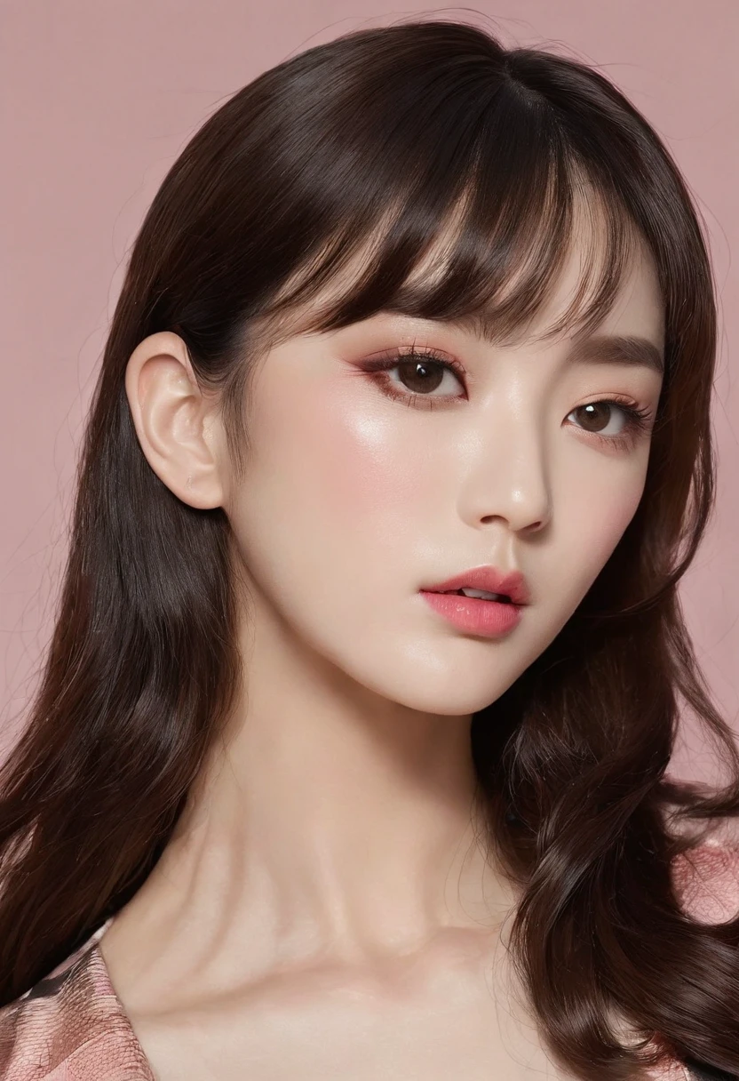 ((Korean actress and a group of pythons)),Brown hair,cute face,pink lipsticks,Neat bangs,semi long hair,((These pythons are golden pythons)),((Pitch black background))