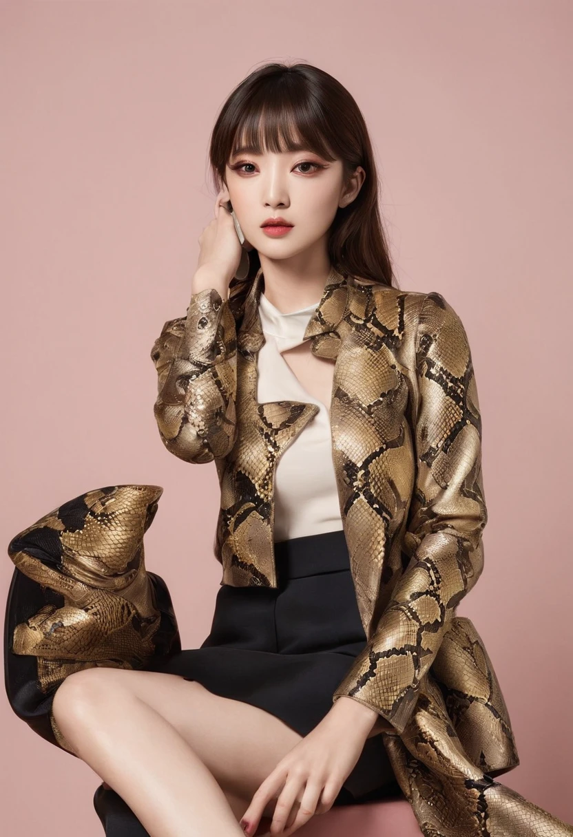 ((Korean actress and a group of pythons))，Brown hair，cute  face，pink lipsticks，Neat bangs，semi long hair，((These pythons are golden pythons))，((Pitch black background))