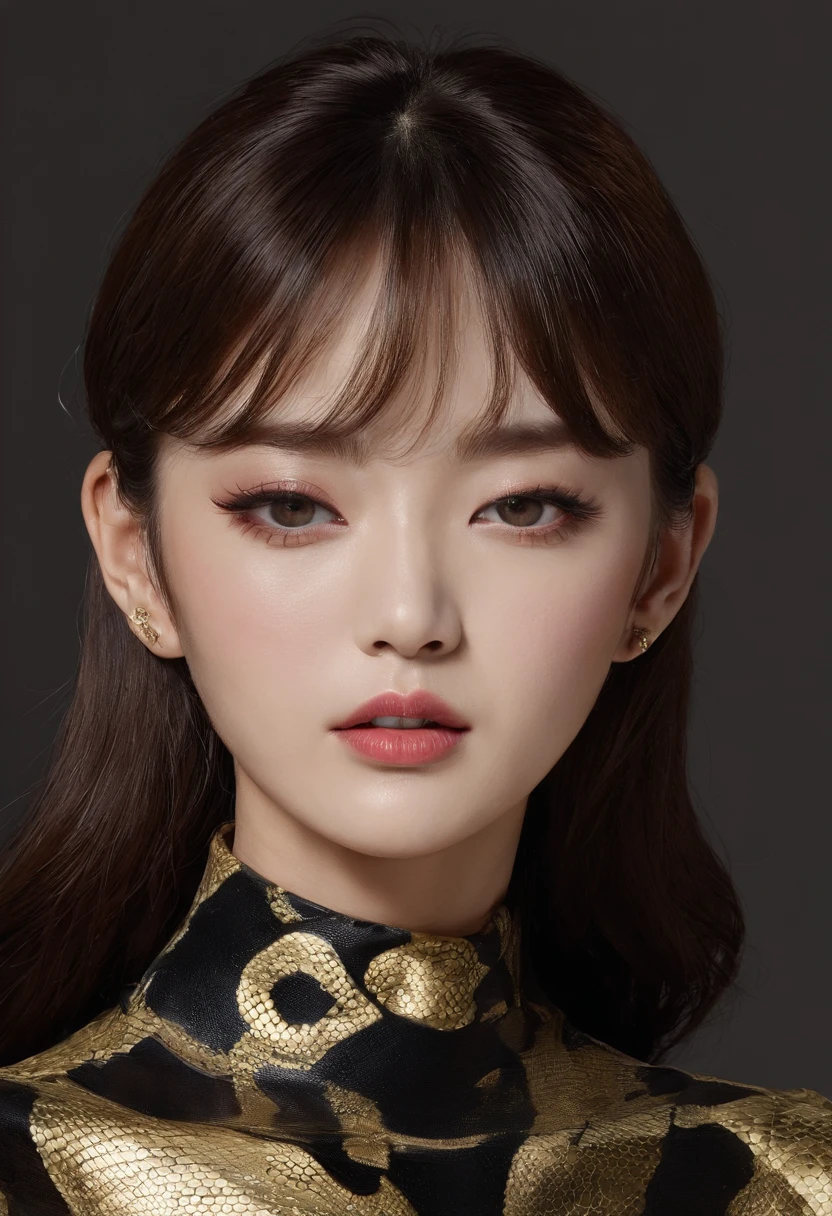 ((Korean actress and a group of pythons))，Brown hair，cute  face，pink lipsticks，Neat bangs，semi long hair，((These pythons are golden pythons))，((Pitch black background))