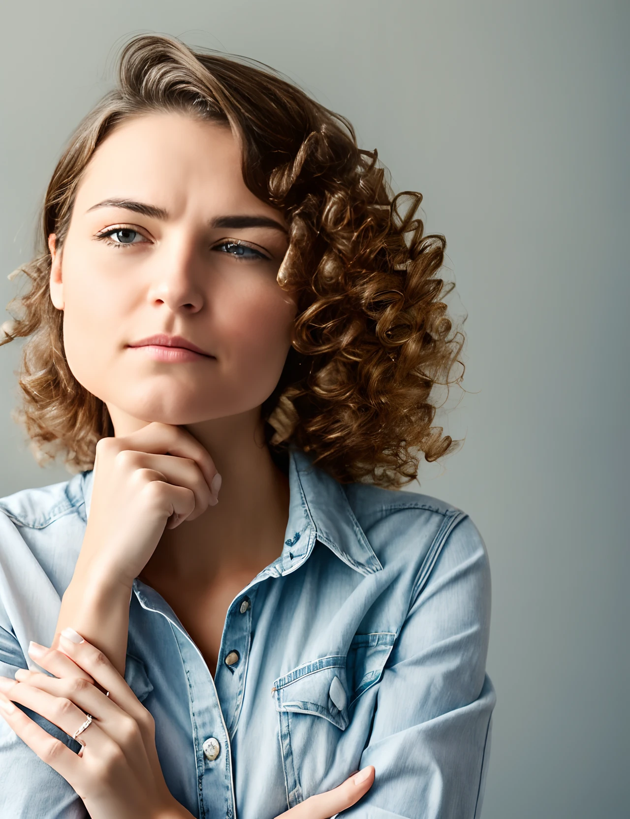 Woman with one hand on her chin and another on her waist thinking about something