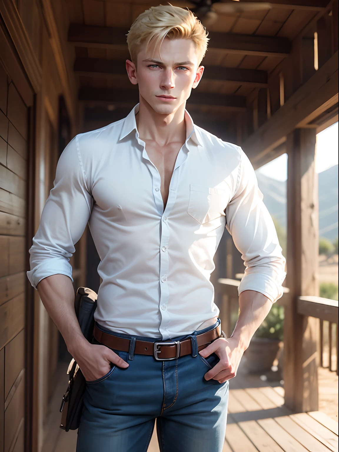 21 year old man, like young Daniel Craig,smiling, arrogant look, blue eyes, neat blonde hair, muscular, wearing plain white shirt, sleeves rolled up, unbuttoned halfway, jeans, desert hiking boots, equipment belt with holster, hands on hips, standing at the front of white wooden plantation style house, military style humvee, pickup trucks, out of focus, blurred,