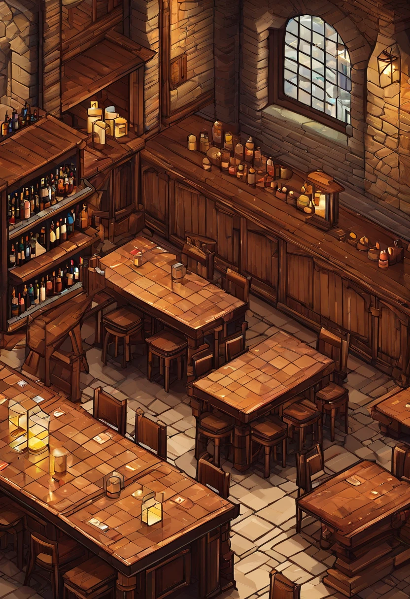 pixelart，medieval times，Inside the bar，tables and chairs，counter，Wine bottles