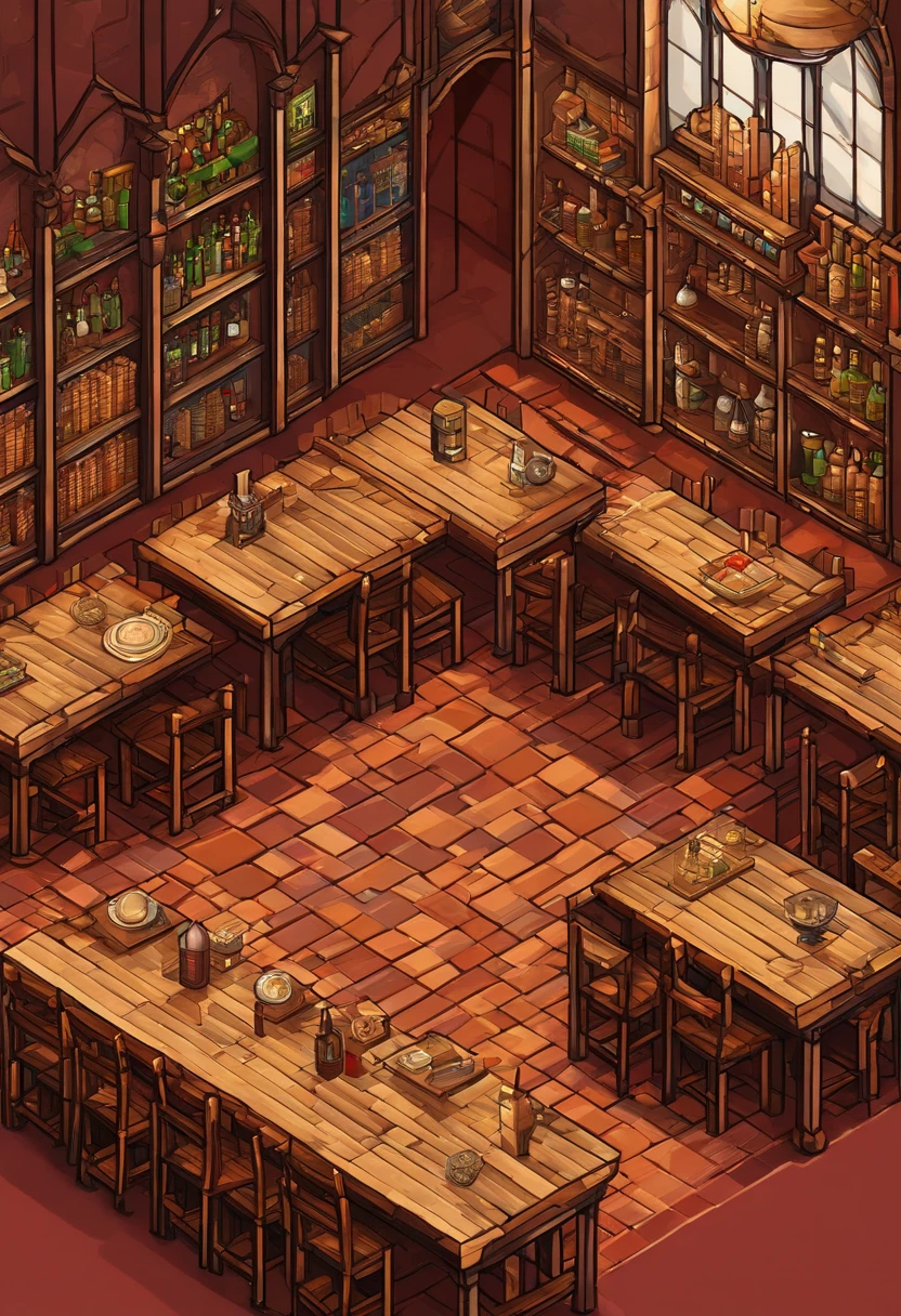 pixelart,medieval times,Inside the bar,tables and chairs,counter,Wine bottles
