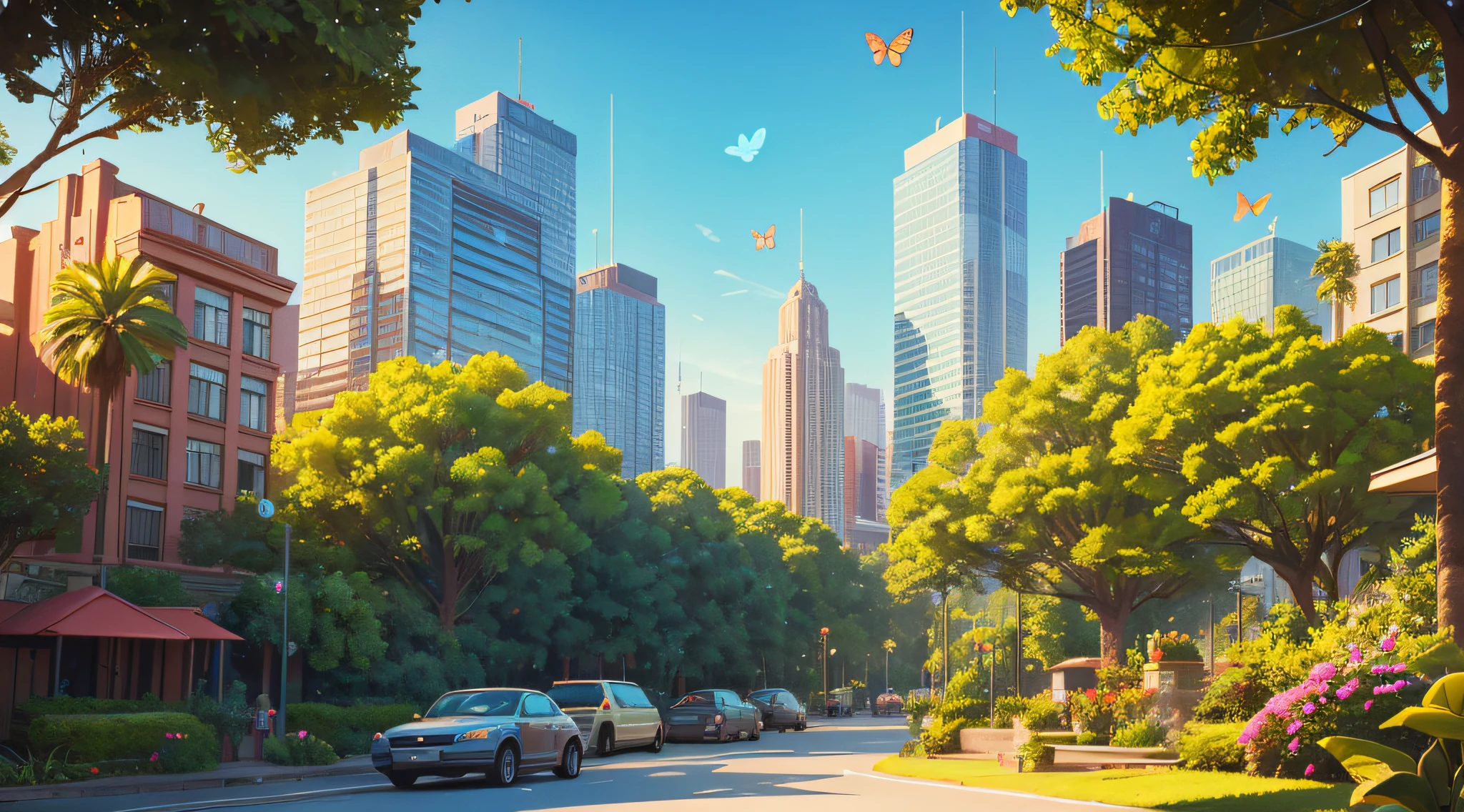 watercolor, high quality, extremely detailed, breathtaking landscape tropical urban city forest scenery, with tall trees, birds, butterflies and flowers under the blue sky, cinematic color, scene from a movie, intricate details, the best quality, very realistic, faded film, grainy, vintage, stained, highly detailed, found footage, ultra realistic, bokeh, sharp features, vivi colors, some building, golden hour, city garden