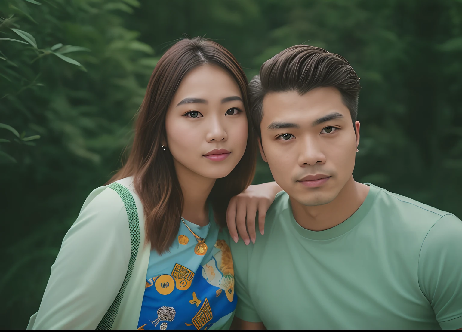there are two people posing for a picture together in the woods, soft portrait shot 8 k, close-up portrait film still, shot on sony a 7 iii, portrait shot 8 k, ruan jia and brom, 7 0 mm portrait, mid shot portrait, shot on canon eos r5, shot on canon eos r 5, taken with canon 5d mk4 , man ( indonesia skin )