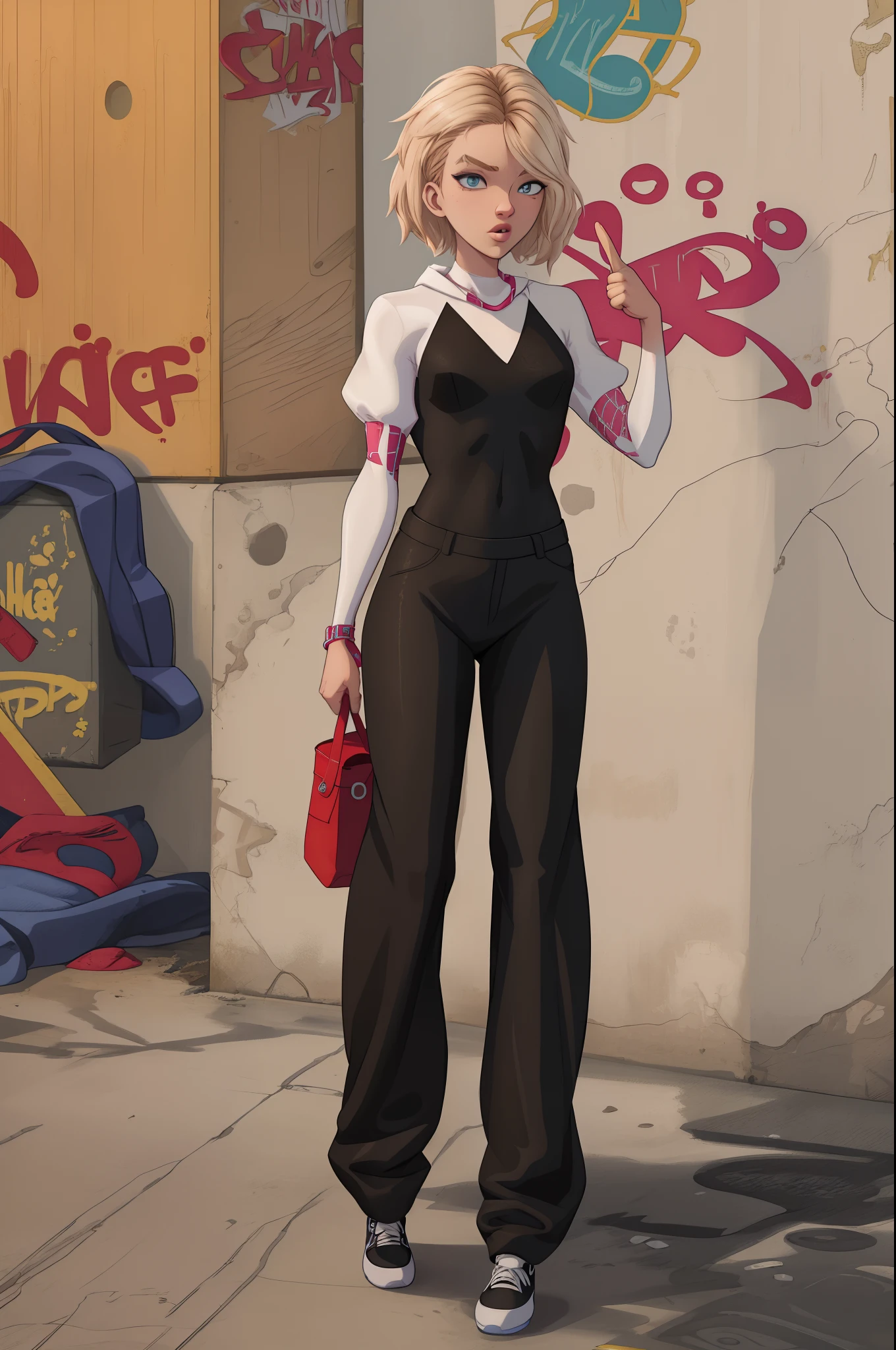 gwen stacy she wore a set of baggy, baggy pants that highlighted hip-hop culture and a cool image. There is graffiti dripping on the her clothes in the picture, which adds to the artistic feel of the overall picture. Overall, she also raised her middle finger in the air, sending a strong message of disdain and protest to the haters.