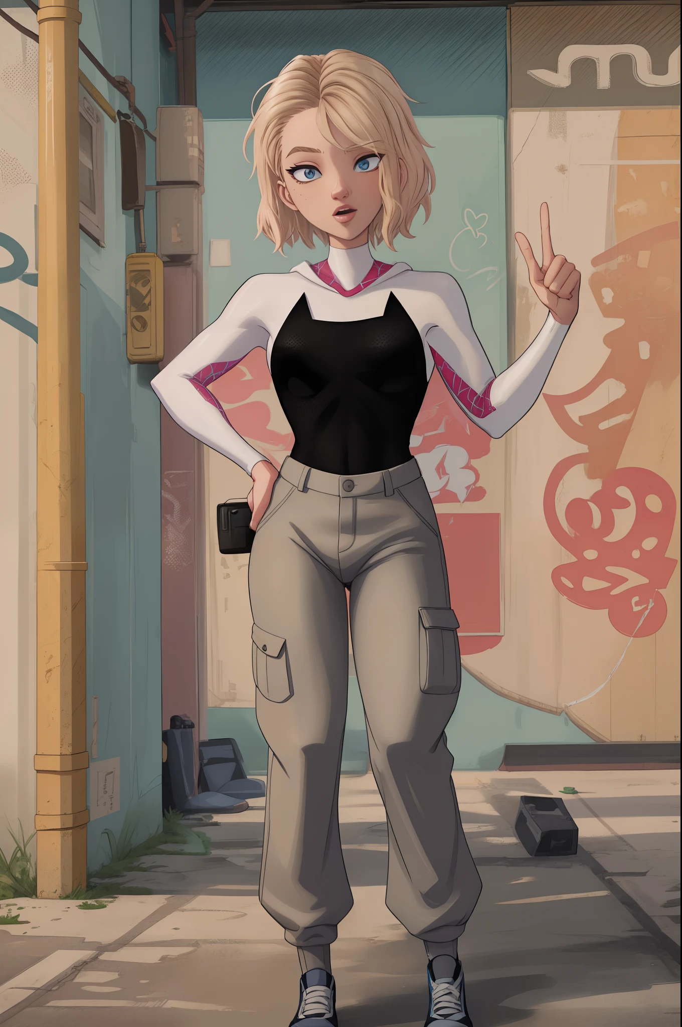 gwen stacy she wore a set of baggy, baggy pants that highlighted hip-hop culture and a cool image. There is graffiti dripping on the her clothes in the picture, which adds to the artistic feel of the overall picture. Overall, she also raised her middle finger in the air, sending a strong message of disdain and protest to the haters.