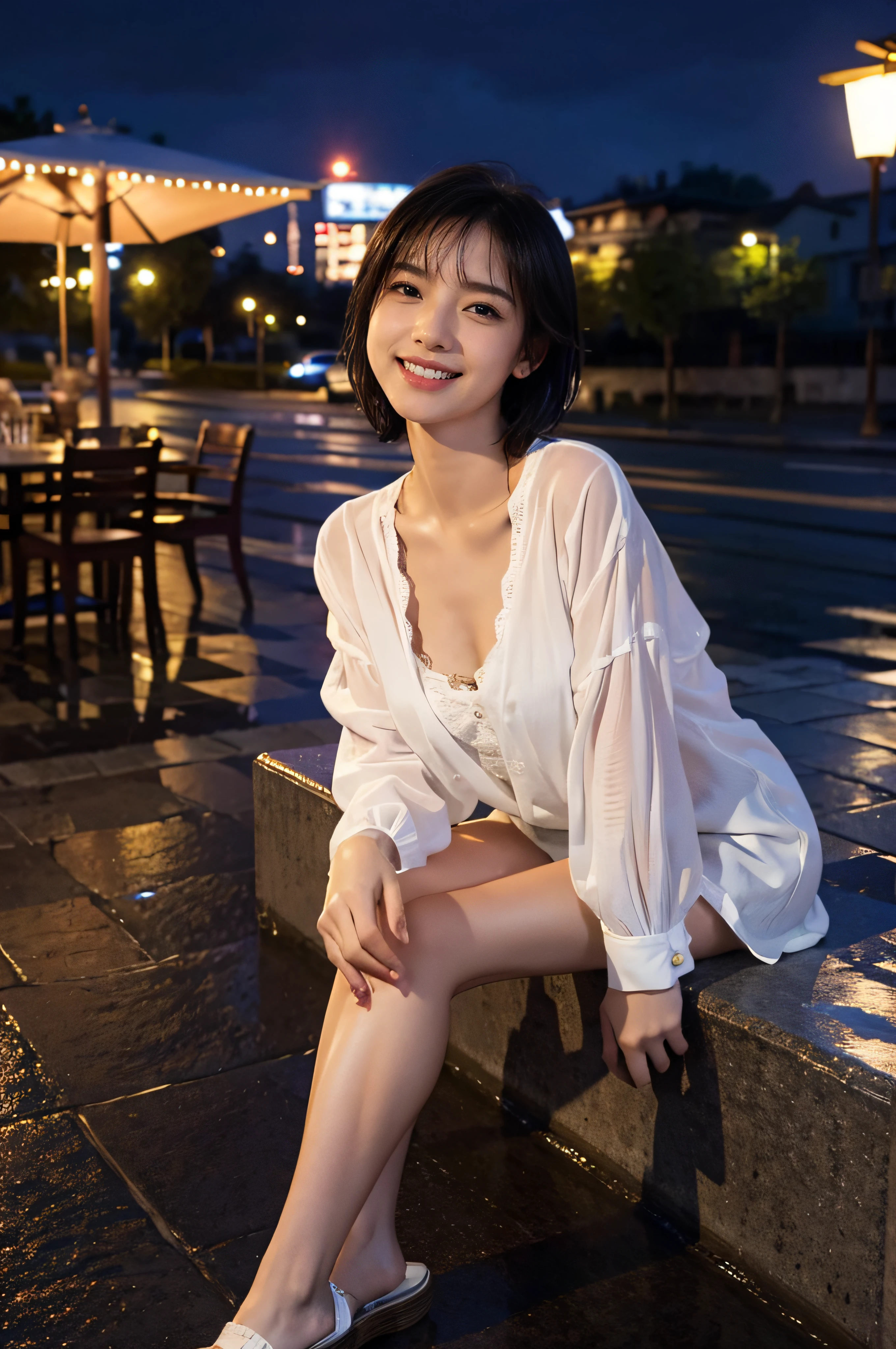 (8k, best quality, masterpiece:1.2), (realistic, photo-realistic:1.37), ultra-detailed,((( 1 girl))),solo,beautiful detailed sky,detailed cafe,night,sitting,dating,(nose blush),(smile:1.15),(closed mouth) small breasts,beautiful detailed eyes,(shirt:1.1), night, wet, rain,white lace, (short hair:1.2),floating hair NovaFrogStyle, ((full body)),stand, sexy, cute