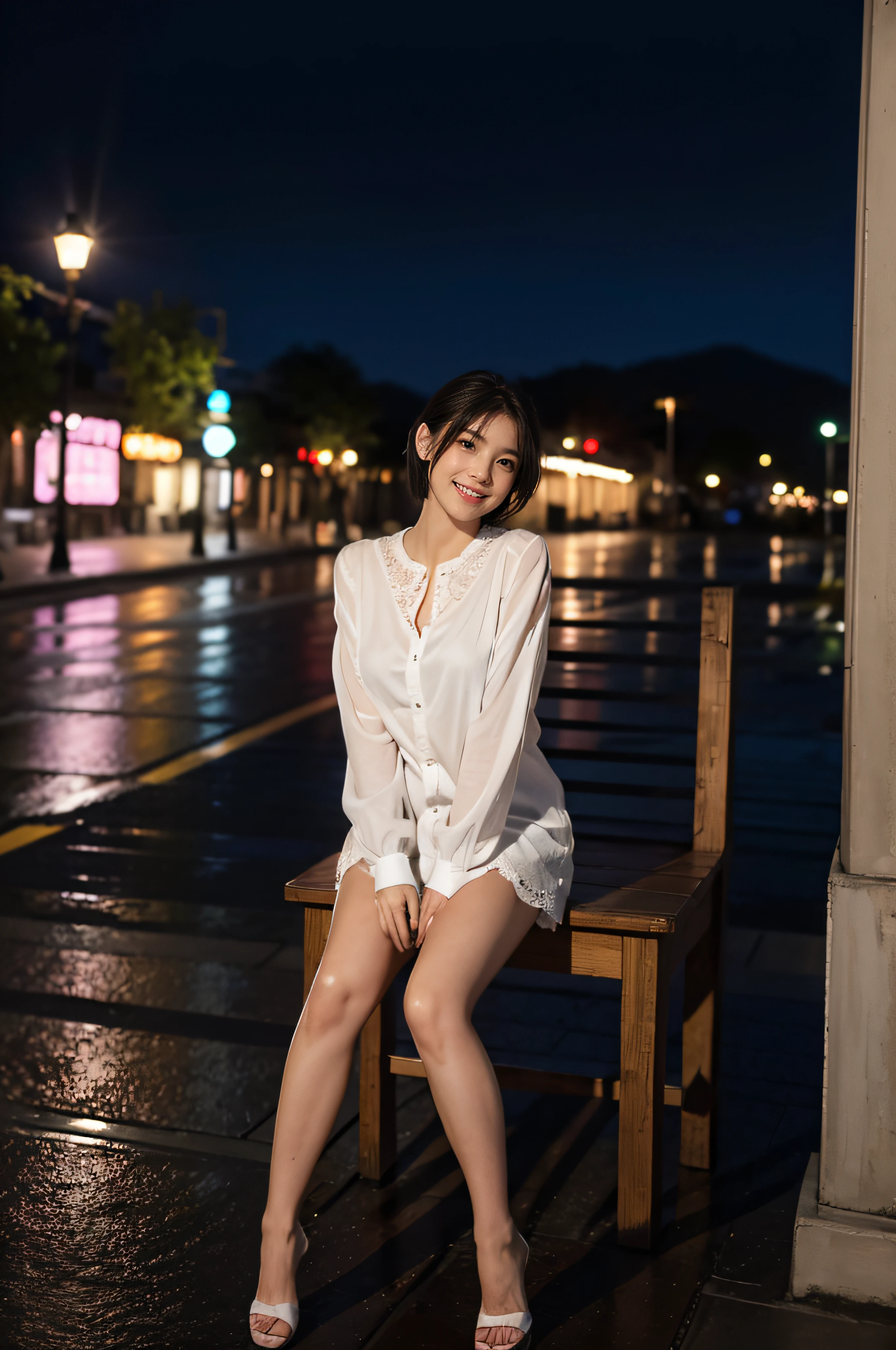 (8K, Best Quality, masutepiece:1.2), (Realistic, Photorealsitic:1.37), Ultra-detailed,((( 1 girl))),Solo,Beautiful detailed sky,Detailed Cafe,Night,Sitting,Dating,(nose blush),(Smile:1.15),(Closed mouth) Small breasts,Beautiful detailed eyes,(Shirt:1.1), Night, Wet, Rain,White lace, (Short hair:1.2),Floating Hair NovaFrogStyle, ((Full body)),to stand, Sexy, Cute