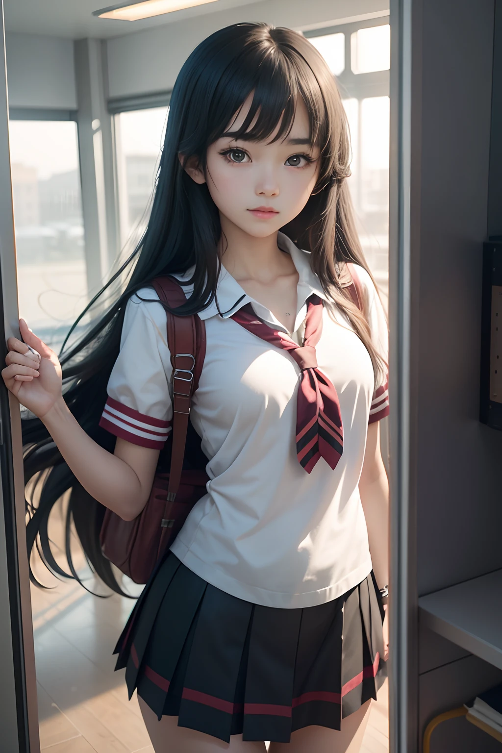 a , female,cute and beautiful, black long hair, gradient eyes, school unifrom, breeze blow,(anime style), (cinematic lighting), (ray tracing), ((reflection light)), ((half-body-shot)), atmospheric perspective, masterpiece, accurate, ((best quality)), high quality, super detail, high details, anatomically correct, highRes, 1080p,