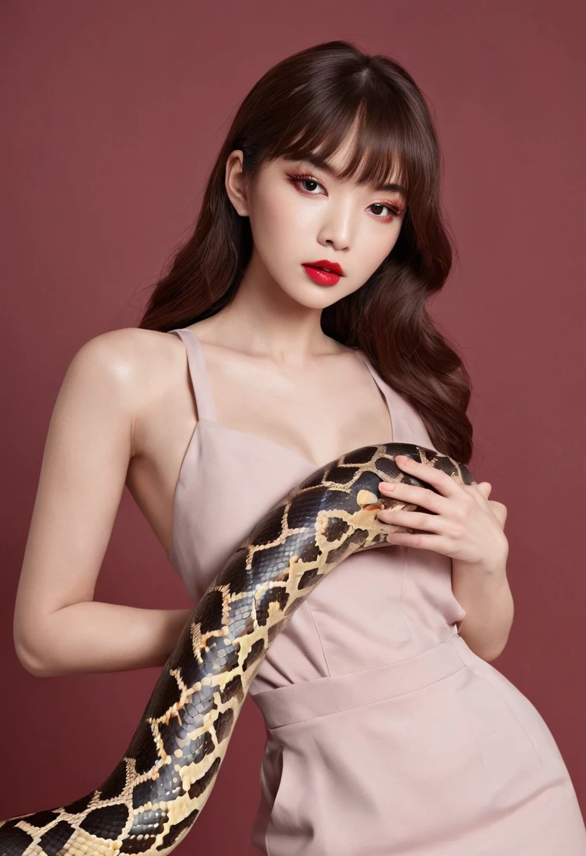 ((Korean beautiful girl and((A large python))))，Brown hair，adorable eyes，pink lipsticks，Neat bangs，(((Dark red background)))