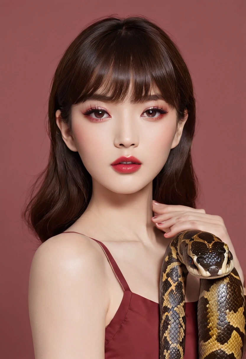 ((Korean beautiful girl and((A large python)))),Brown hair,adorable eyes,pink lipsticks,Neat bangs,(((Dark red background)))