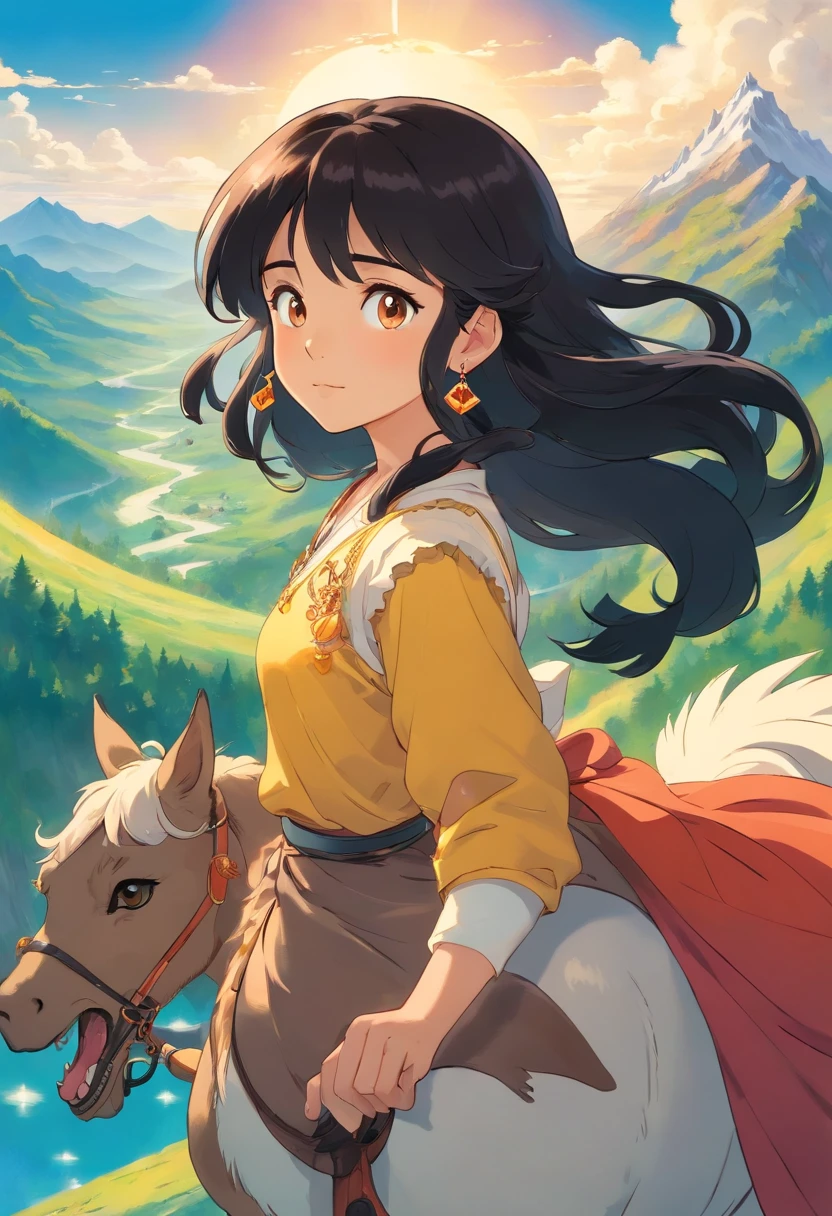 a girl riding a magic beast, long black hair, brown eyes, a long necklace and earrings, in the style of tranquil mountainscapes, colorful animation stills, masami teraoka, adventure, sunshine