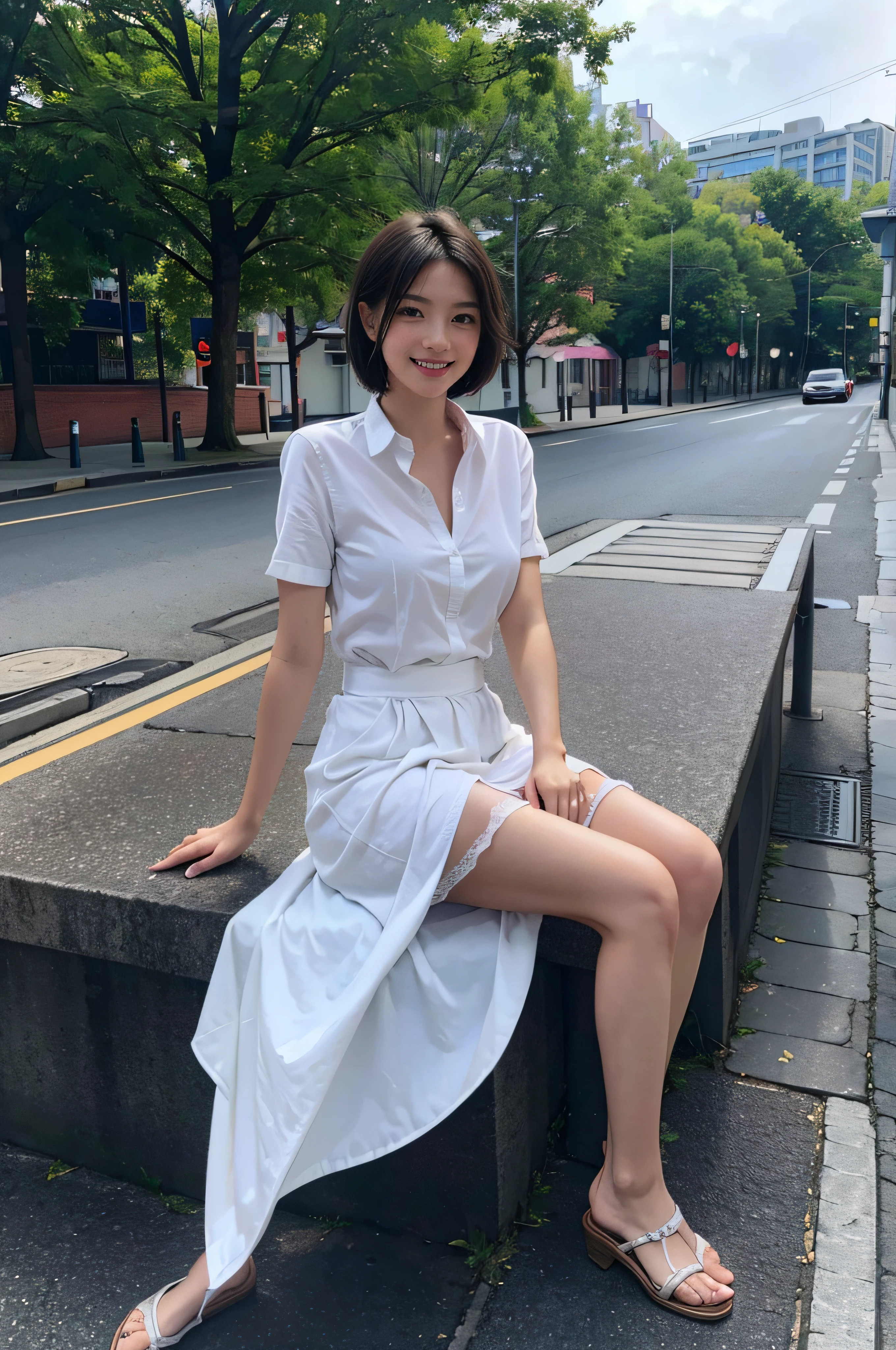 (8K, Best Quality, masutepiece:1.2), (Realistic, Photorealsitic:1.37), Ultra-detailed,((( 1 girl))),Solo,Beautiful detailed sky,Detailed Cafe,Daytime,Sitting,Dating,(nose blush),(Smile:1.15),(Closed mouth) Small breasts,Beautiful detailed eyes,(Shirt:1.1), Daytime, Wet, Rain,White lace, (Short hair:1.2),Floating Hair NovaFrogStyle, ((Full body)),to stand, Sexy, Cute