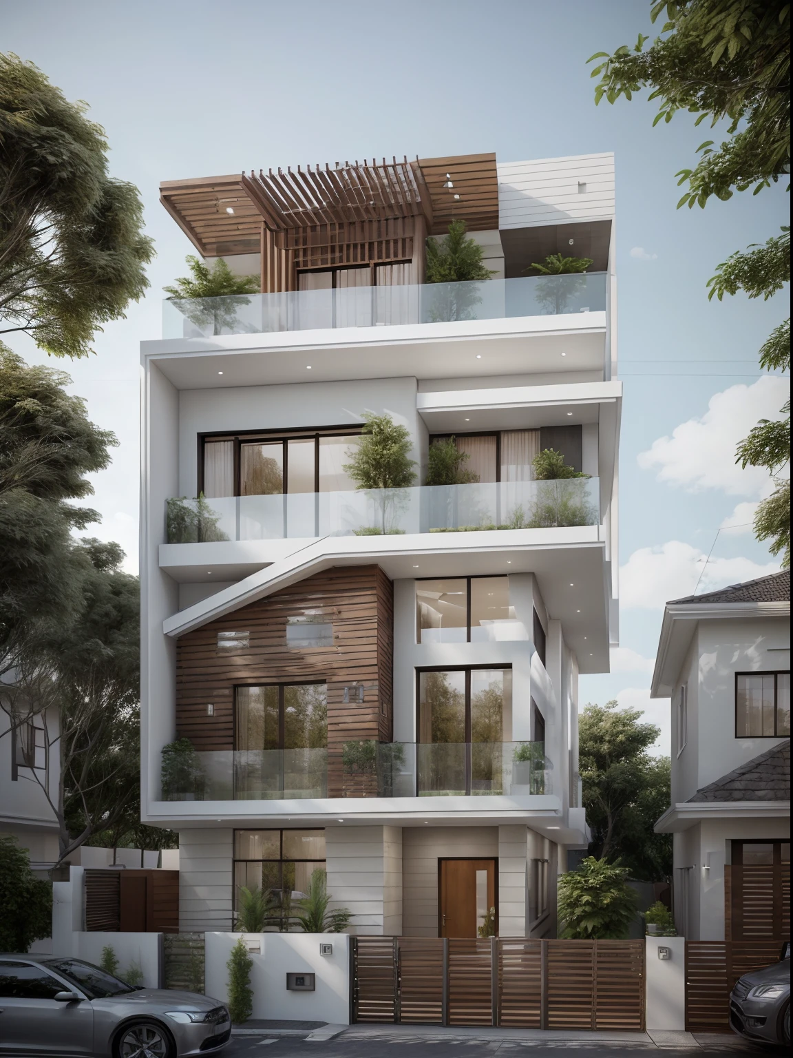 masterpiece, (photorealistic:1.2), best quality, ultra high res, exterior,architechture,modern house,white wall, glass windows,,trees,traffic road,design,trees around, blue sky,in the style of realistic hyper-detailed rendering, 32k uhd, low-angle, composite construction, piles/stacks, innovative page design, daylight,render( Vray:1.1)