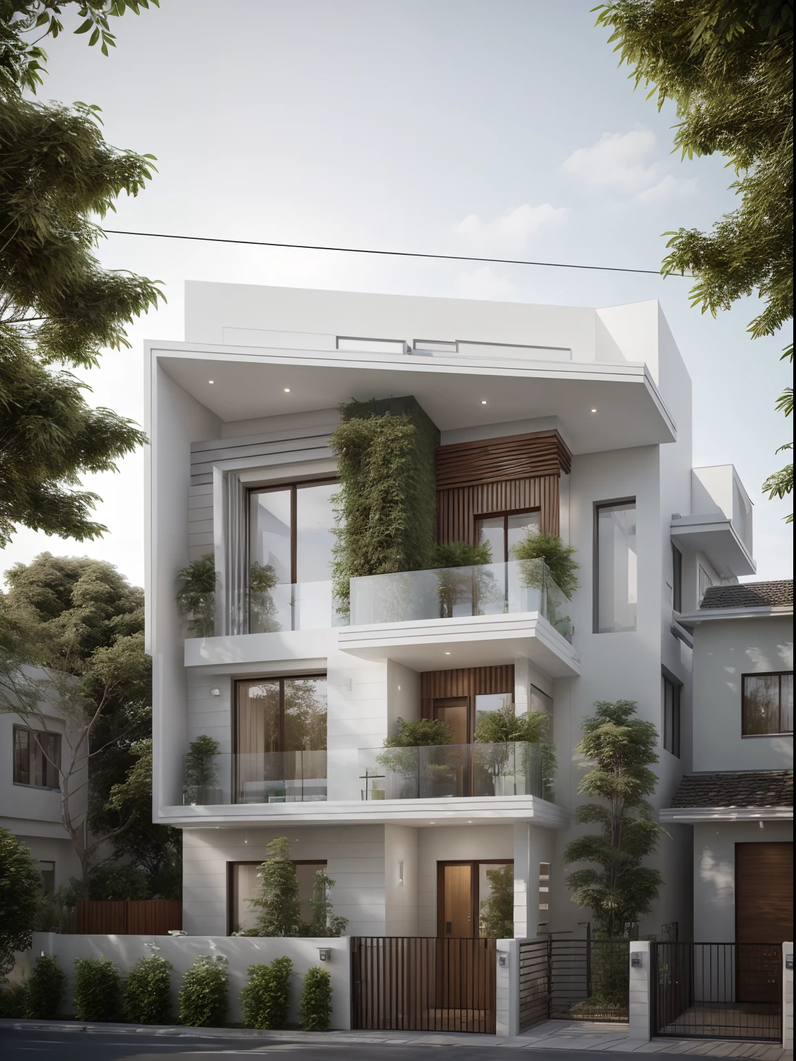 masterpiece, (photorealistic:1.2), best quality, ultra high res, exterior,architechture,modern house,white wall, glass windows,,trees,traffic road,design,trees around, blue sky,in the style of realistic hyper-detailed rendering, 32k uhd, low-angle, composite construction, piles/stacks, innovative page design, daylight,render( Vray:1.1)