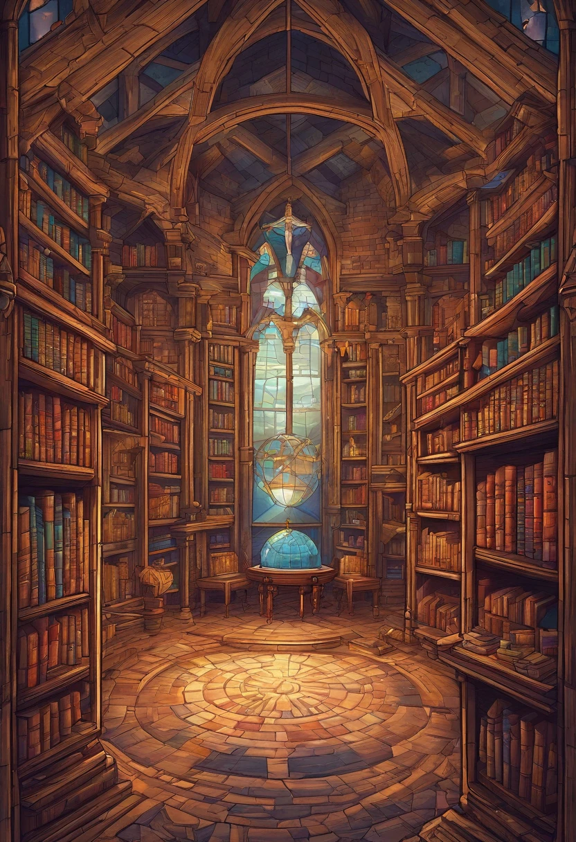 pixelart,medieval times,inside a library,tables and chairs,bookshelves,globe,Magic Array,stained glass,parchment,pencil