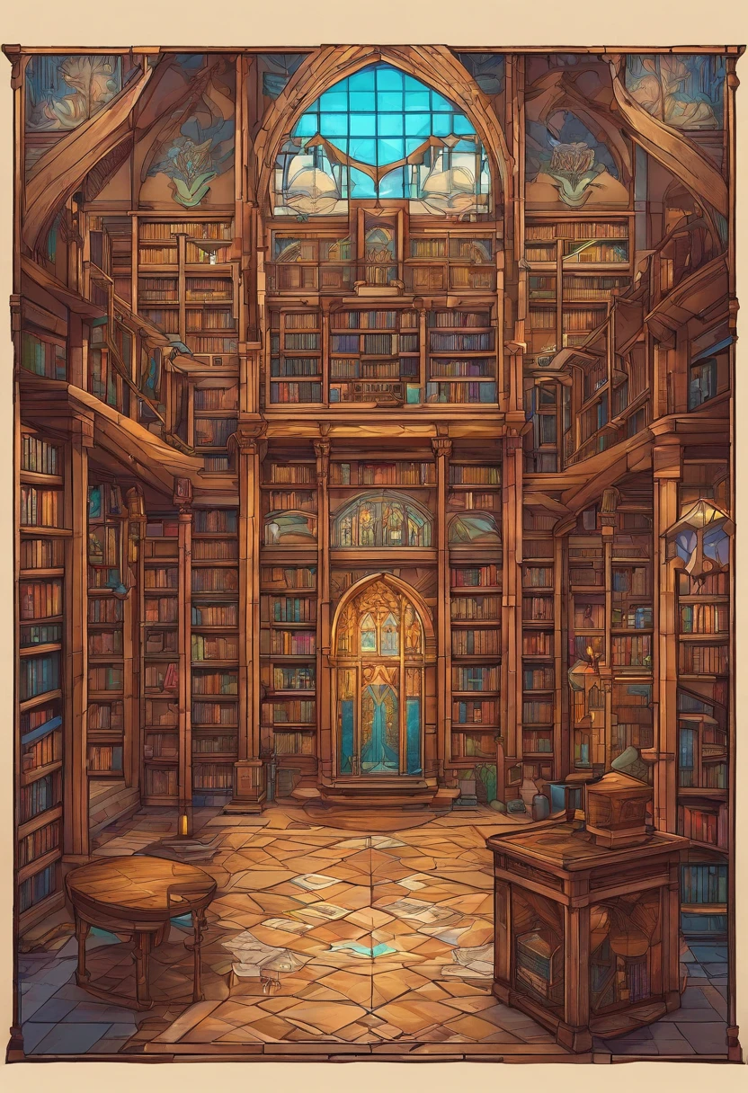 pixelart，medieval times，inside a library，tables and chairs，bookshelves，globe，Magic Array，stained glass，parchment，pencil