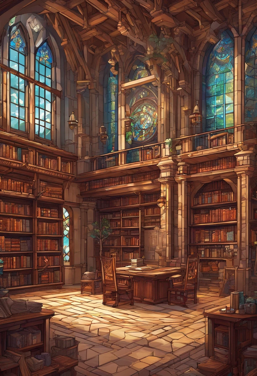 pixelart,medieval times,inside a library,tables and chairs,bookshelves,globe,Magic Array,stained glass,parchment,pencil
