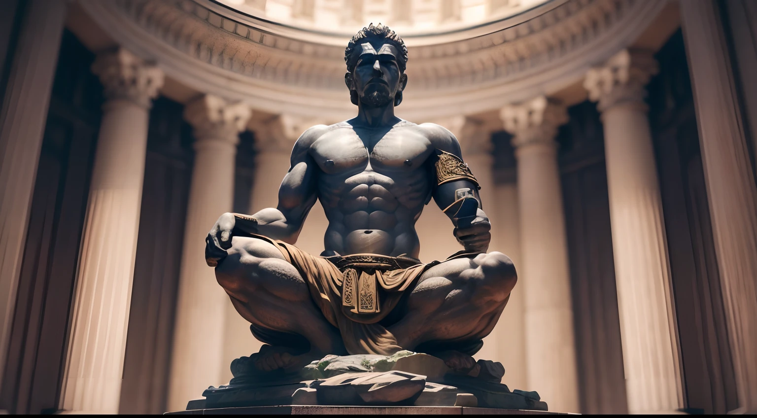 Strong Stoic statue, with an expression of anger, using tunica, noite escura, fundo grego antigo do templo, 35 mm, lateralmente, Filmado em Sony A7S III com Sony FE 35mm f/1.8, 12.1 MP, --AR 3:2 --estilo cru