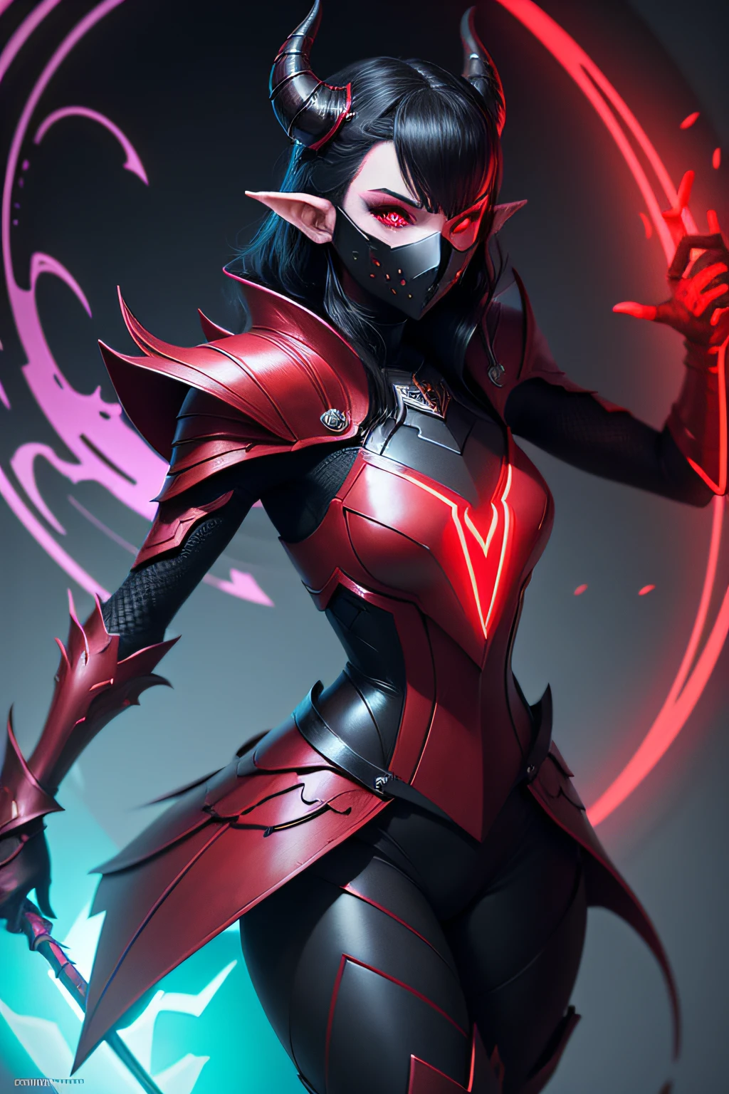 ark art darkweb 1femme chevalier malefique, Using an anonymous red neon mask, Using a red neon sword left hand , Using a red neon shield right hand, Using Red Neon Armor, darkness,obscur,4K