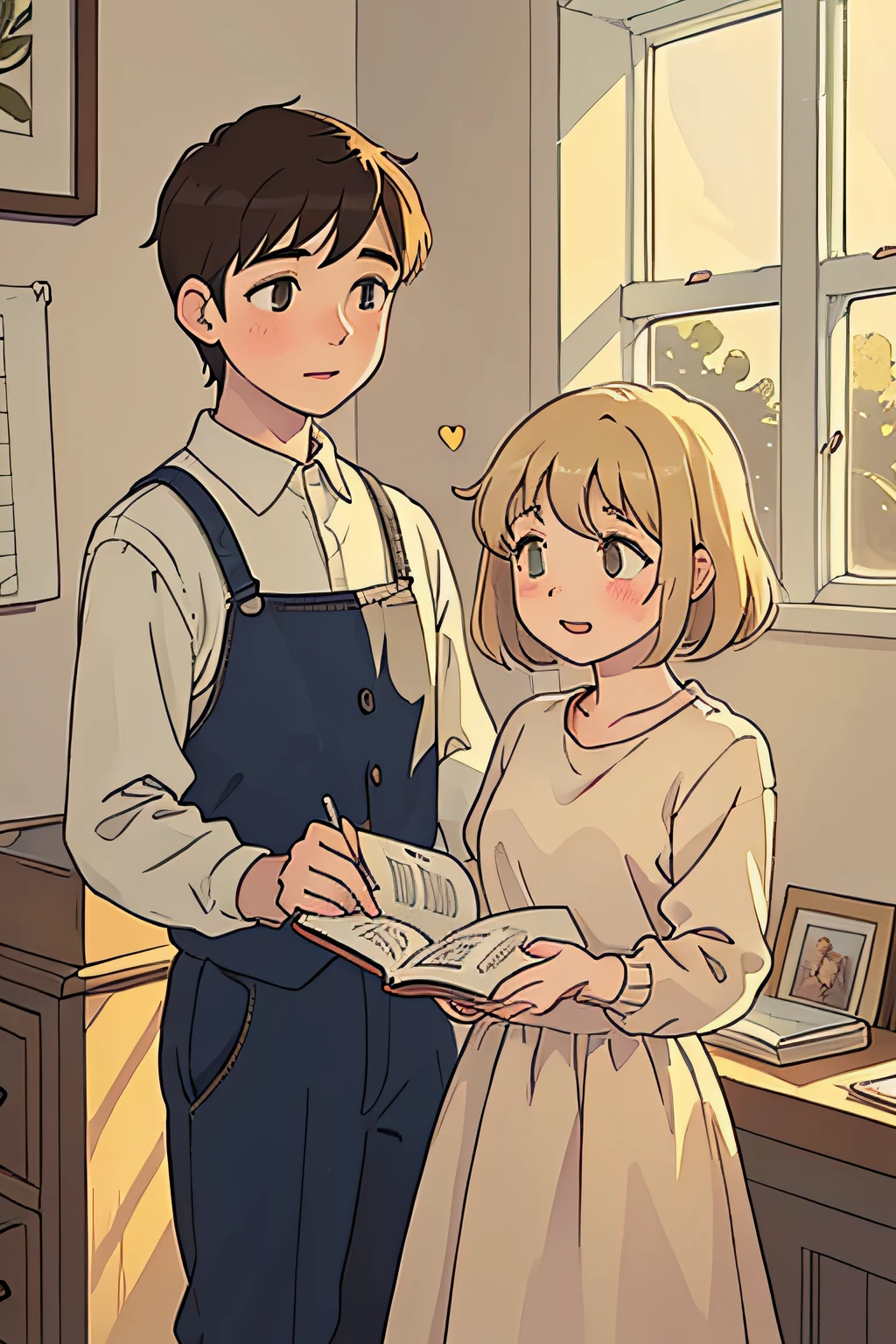 boy meets girl,diary book,old vintage texture,hand-painted illustrations,charming expressions,love at first sight,filled with emotions,soft color palette,dream-like atmosphere,gentle sunlight streaming through the window,warm golden glow,subtle shadows and highlights,melting hearts