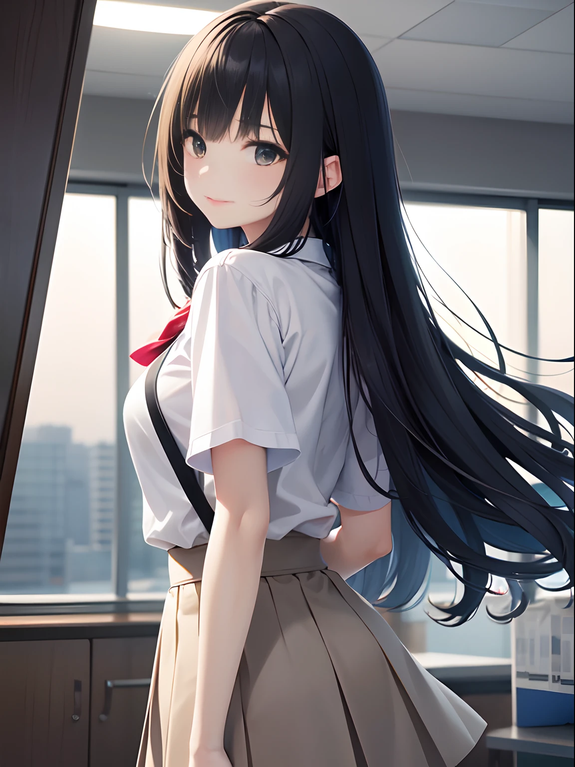 a junior high school student, female, beautiful and cute, character, (single sidelock hair), gradient eyes, school unifrom, breeze blow,(anime style), (cinematic lighting), (ray tracing), ((reflection light)), ((half-body-shot)), atmospheric perspective, masterpiece, accurate, ((best quality)), high quality, super detail, high details, anatomically correct, highRes, 1080p,